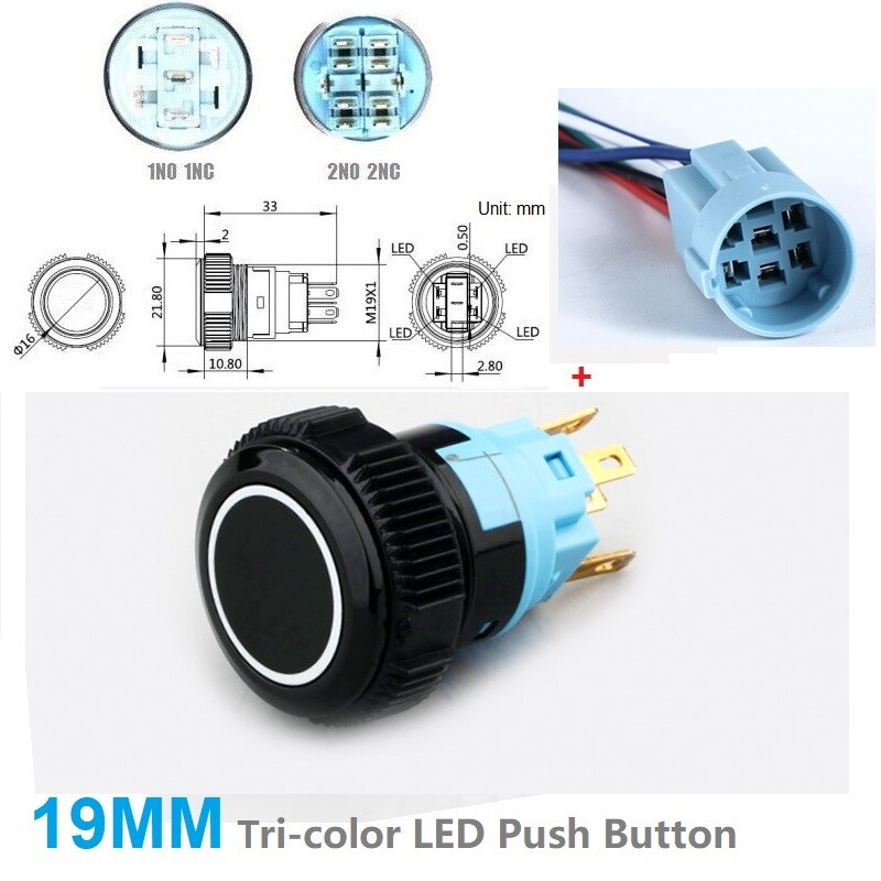 19mm Tri-color LED Black Plastic 2NO 2NC5A 250V Ring LED IP67 Push Button Switch