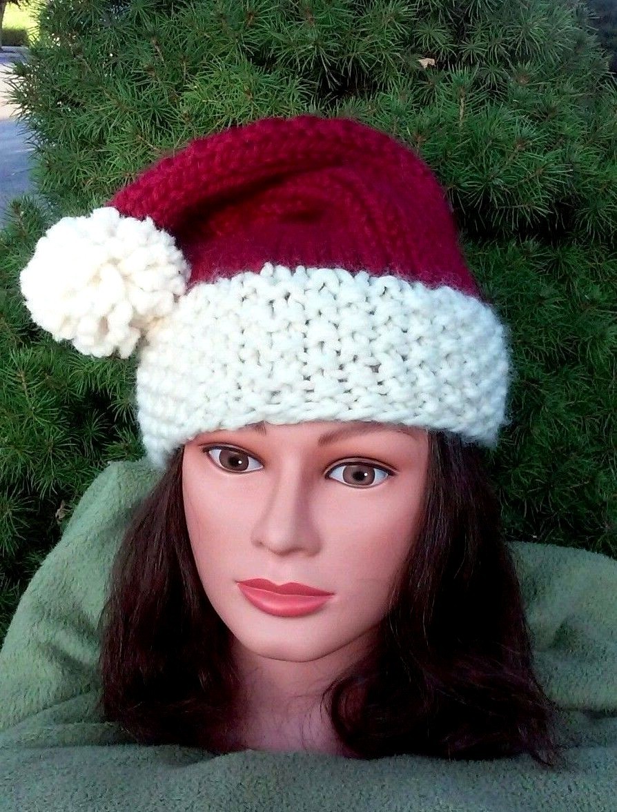 Handmade Knit Santa Wool Blend Pom Pom Hat Baby to Adult Made in the US