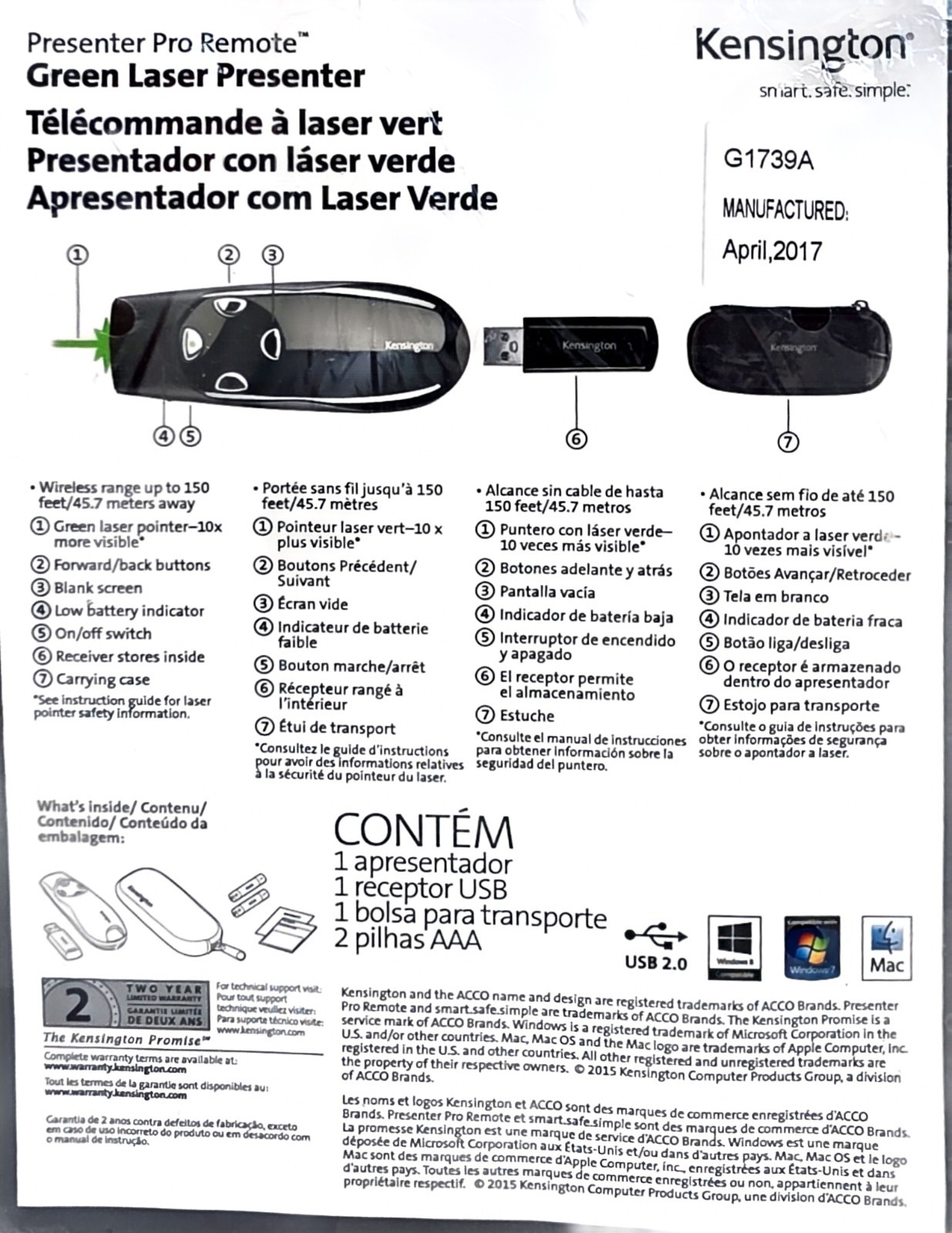 Kensington Presenter Pro Remote Control Black Wireless Ergonomic w/ Green Laser