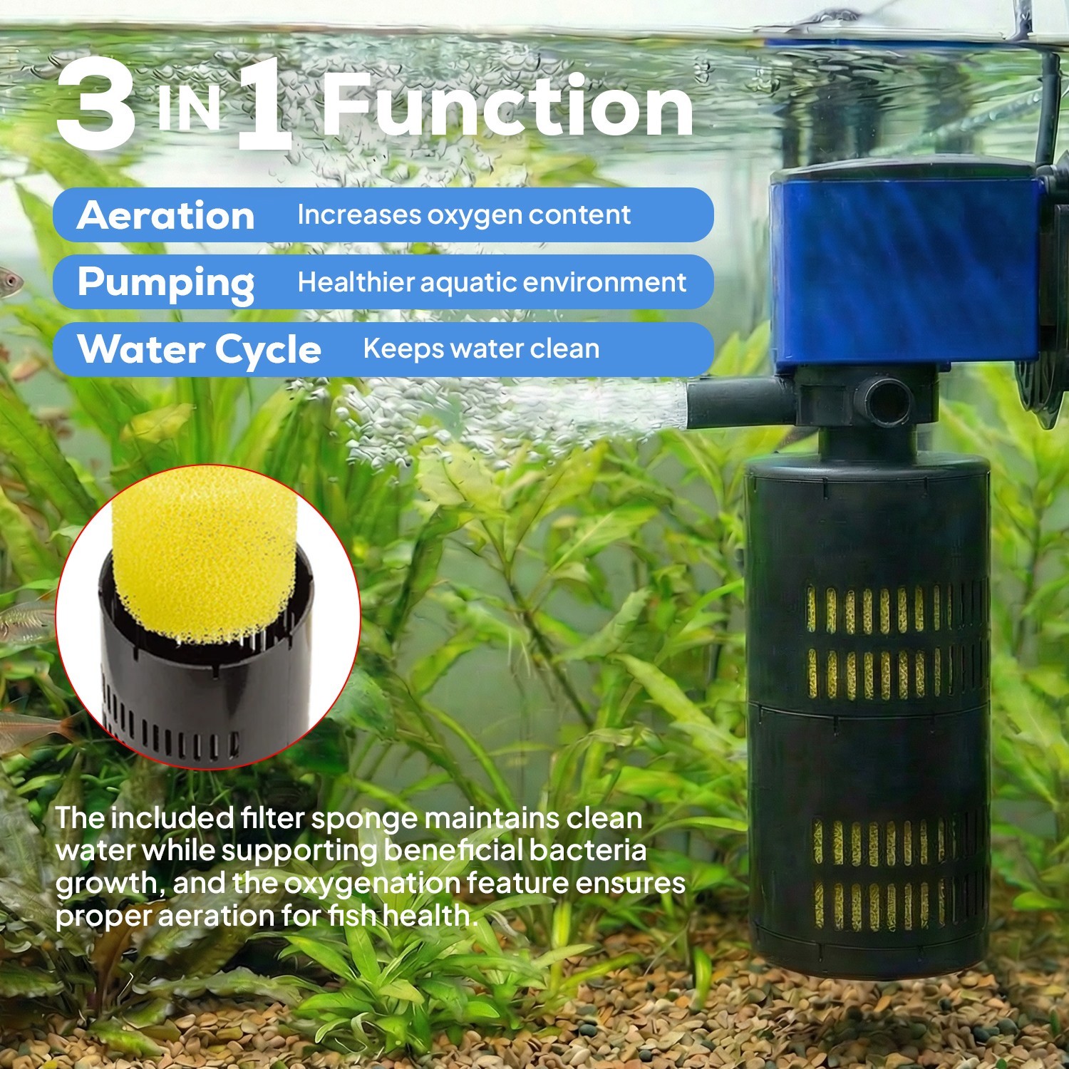 Internal Filter Aquarium Water Pump Oxygen 320GPH Fish Tank 3in1 Submersible 20W