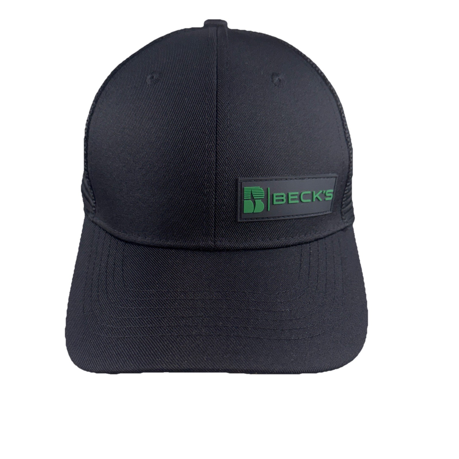 BECK’S Seed Corn Black Trucker Hag Cap w Rubber Green Logo Letters Patch Snaback