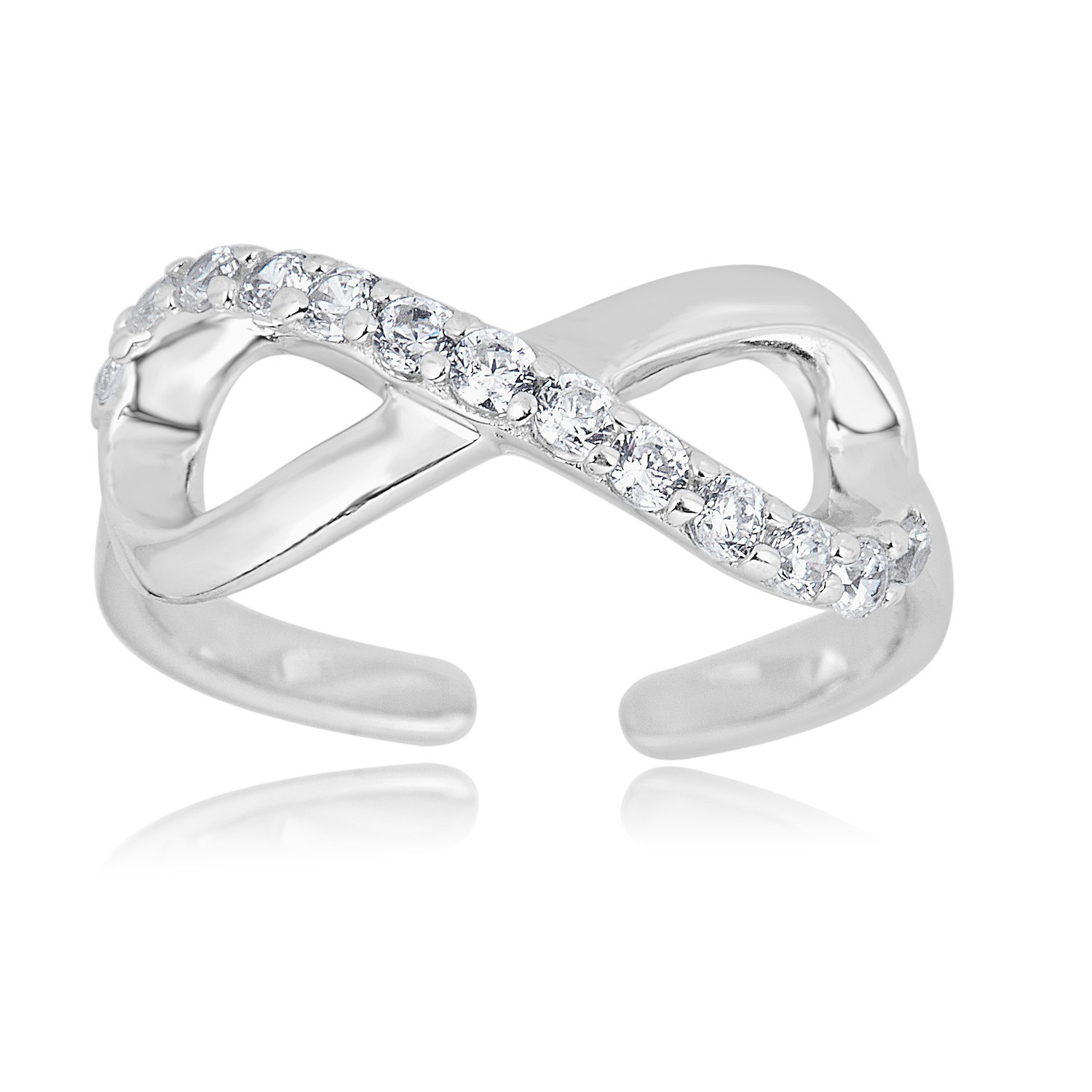 AVORA 925 Sterling Silver Adjustable Infinity Toe Ring with Cubic Zirconia CZ