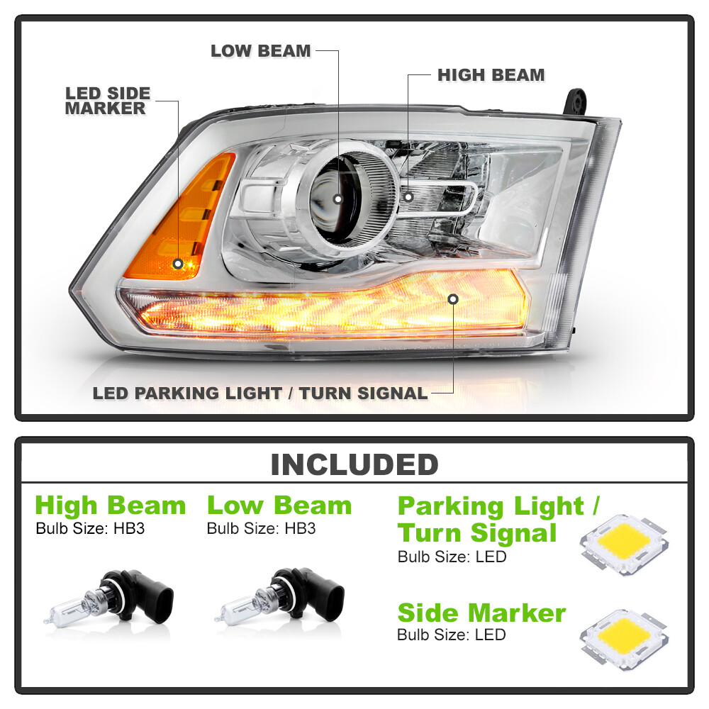 2016-2018 Ram 1500 w/Chrome Trim LED DRL Projector Headlight Headlamp-Passenger
