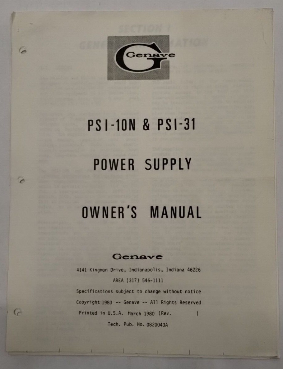 Genave PSI-10N & PSI-31 Power Supply Owner's Manual, March 1980 -Original