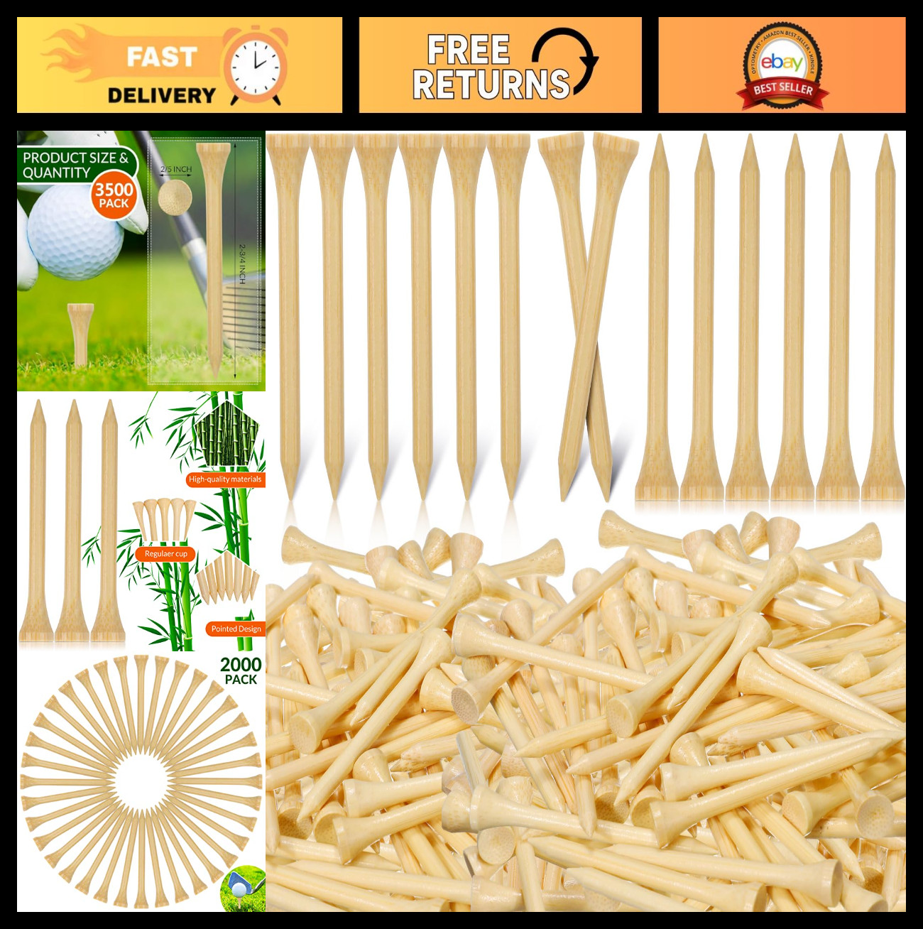 2000 Pcs Bamboo Golf Tees - Professional Bulk Set, Reduce Friction & Side Spin,