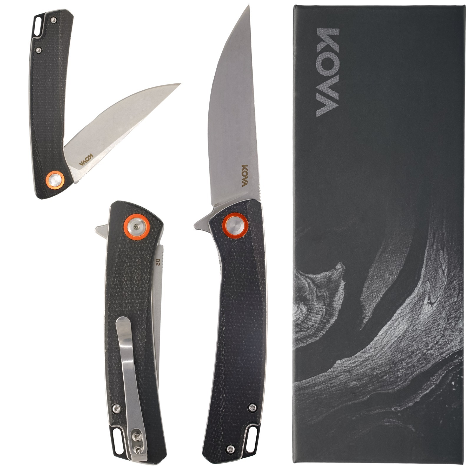 KOVA Vortex Folding Knife – 2.95″ D2 Drop-Point Blade, G10 Micarta Handle 2.5 oz
