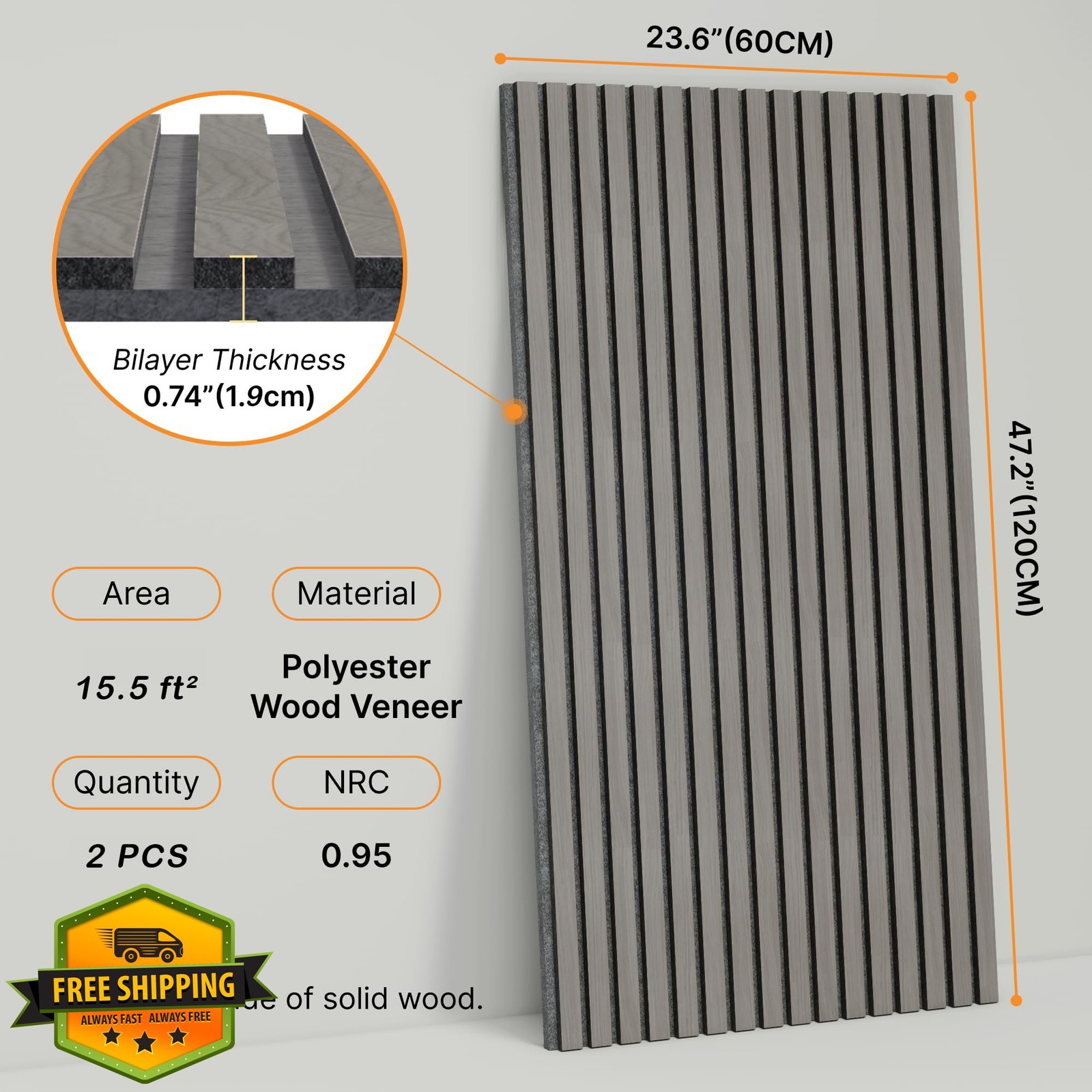 Coolfat 2pk Grey Wood Acoustic Wall Panels 47"x23.6" Soundproof