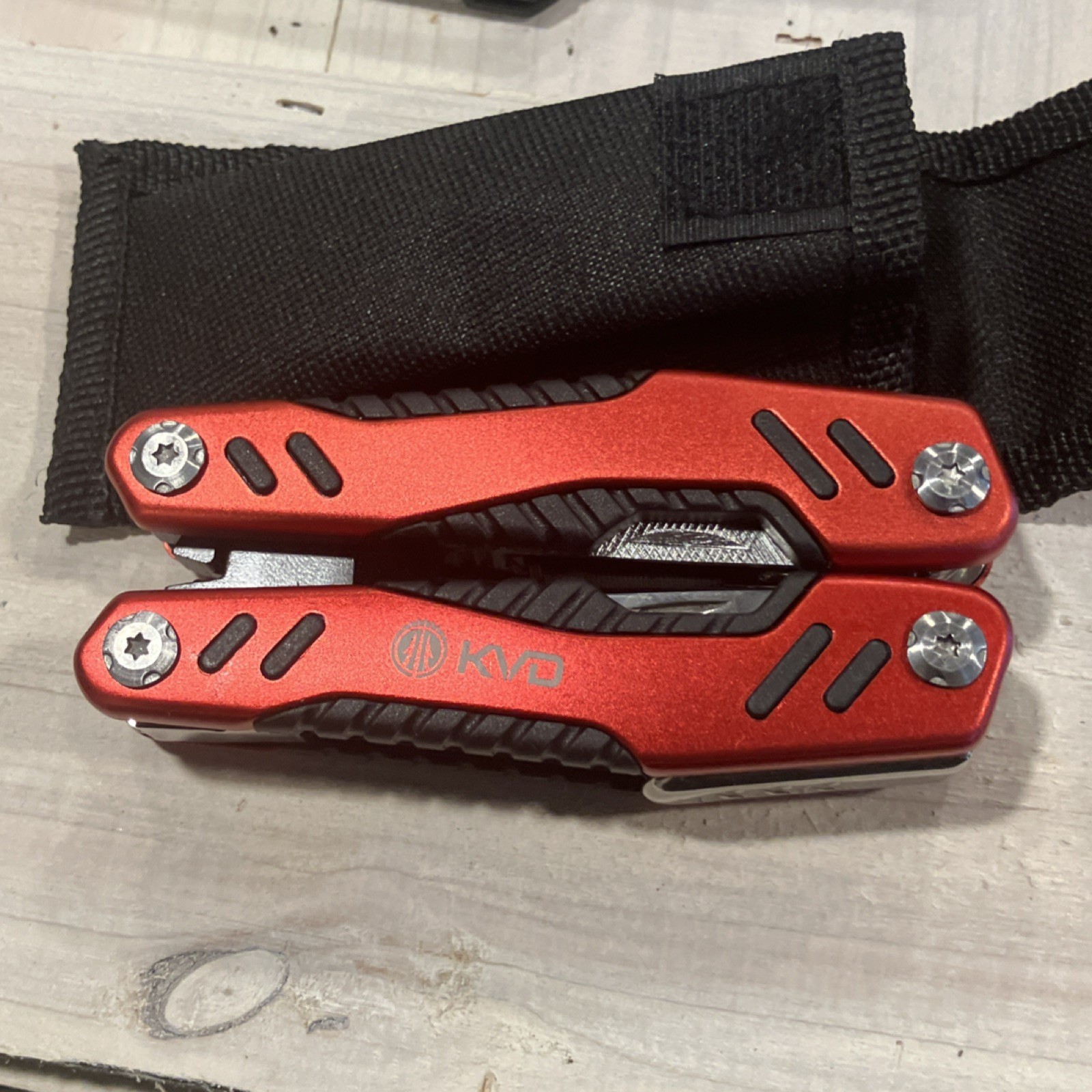 KVD Red Folding Multi-Tool with Pliers, Knife, Saw, File, Sheath