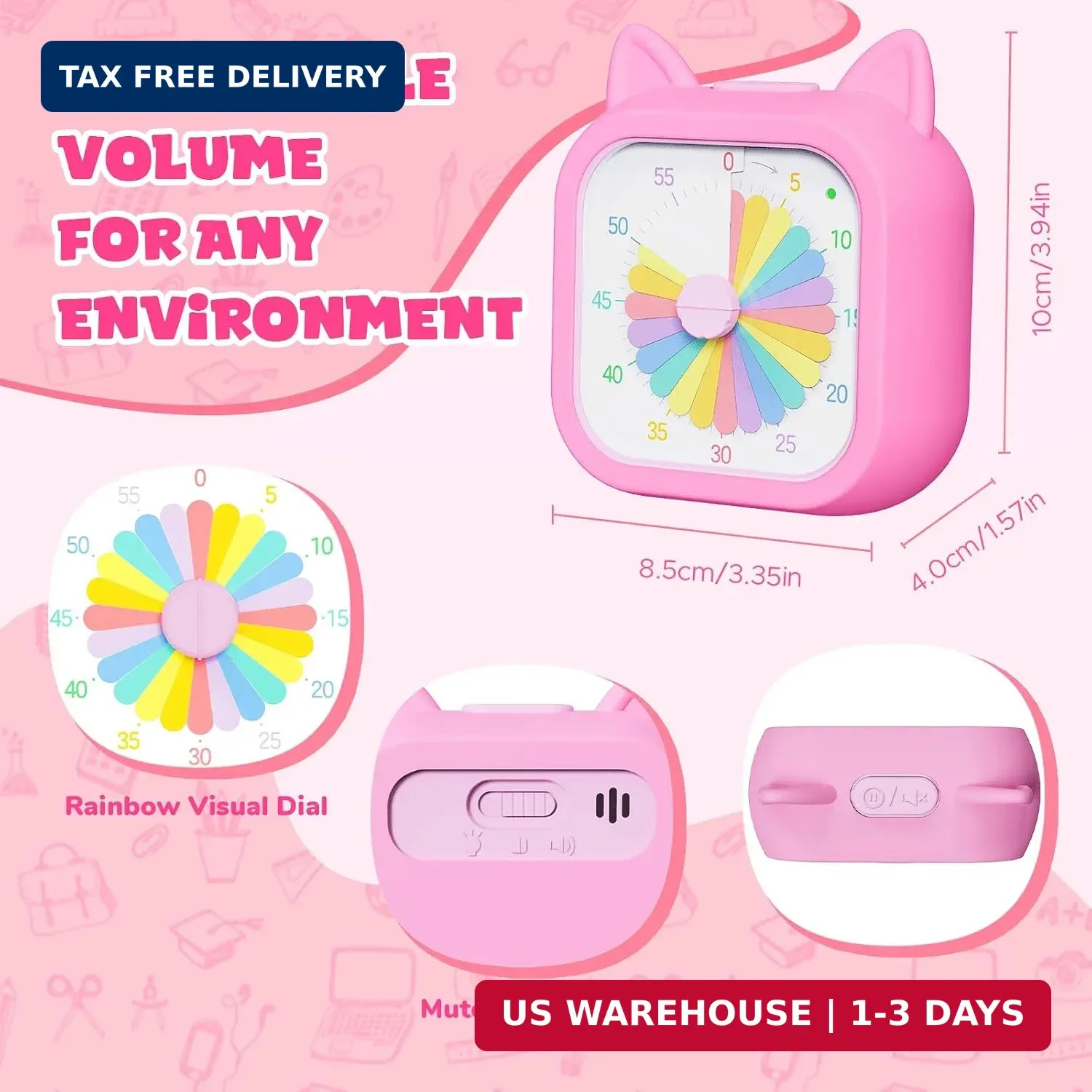 Visual Timer for Kids, 60 Minute Countdown Timer with Silent Operation, Cute Pom