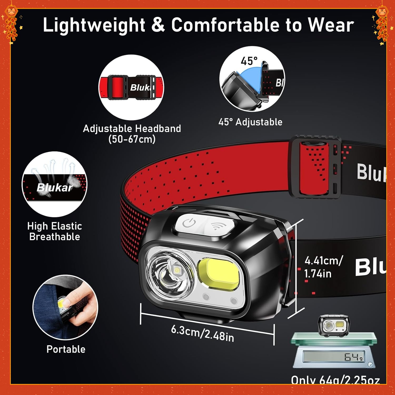 LEDRechargeable 2000L Ultra-Bright Adjustable Headlamp with Motion Sensor-2-Pack