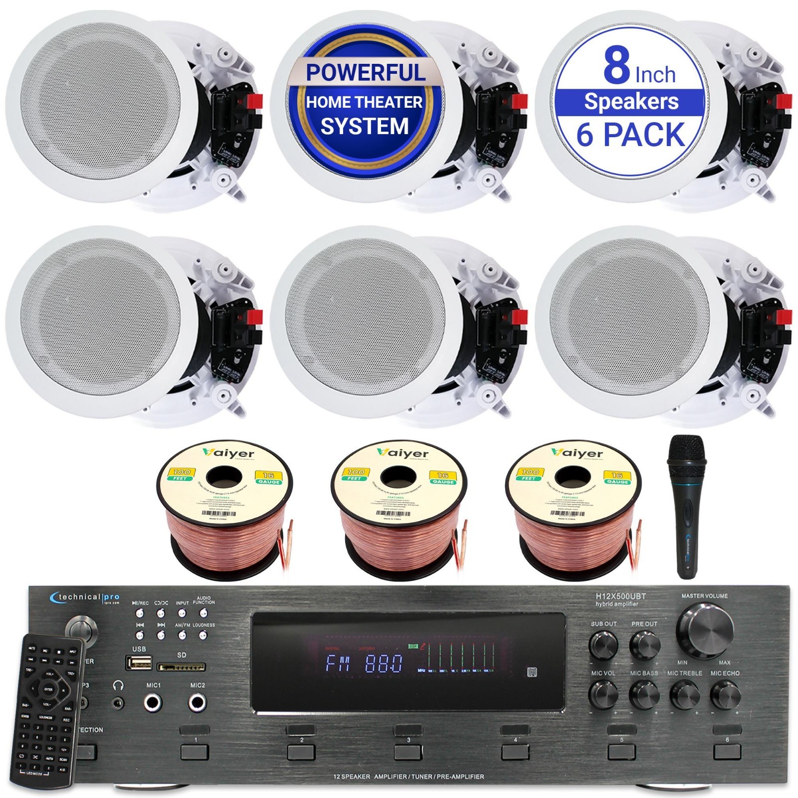Technical Pro 6 x 8" In-Ceiling Speakers Kit 6000W Bluetooth Amplifier with Mic