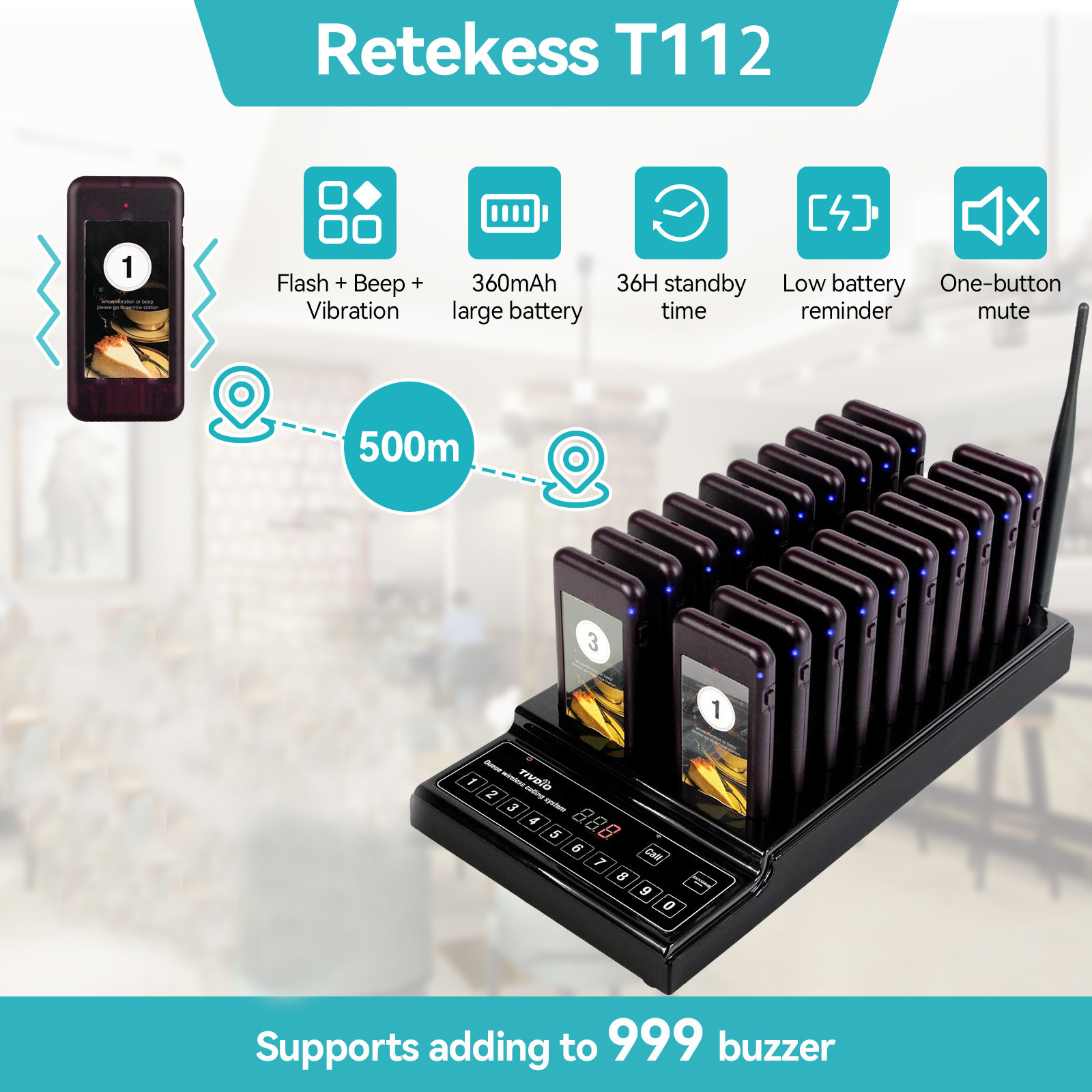 Retekess T112 Restaurant Pager System Guest Queuing 20 Buzzers Food Truck Club