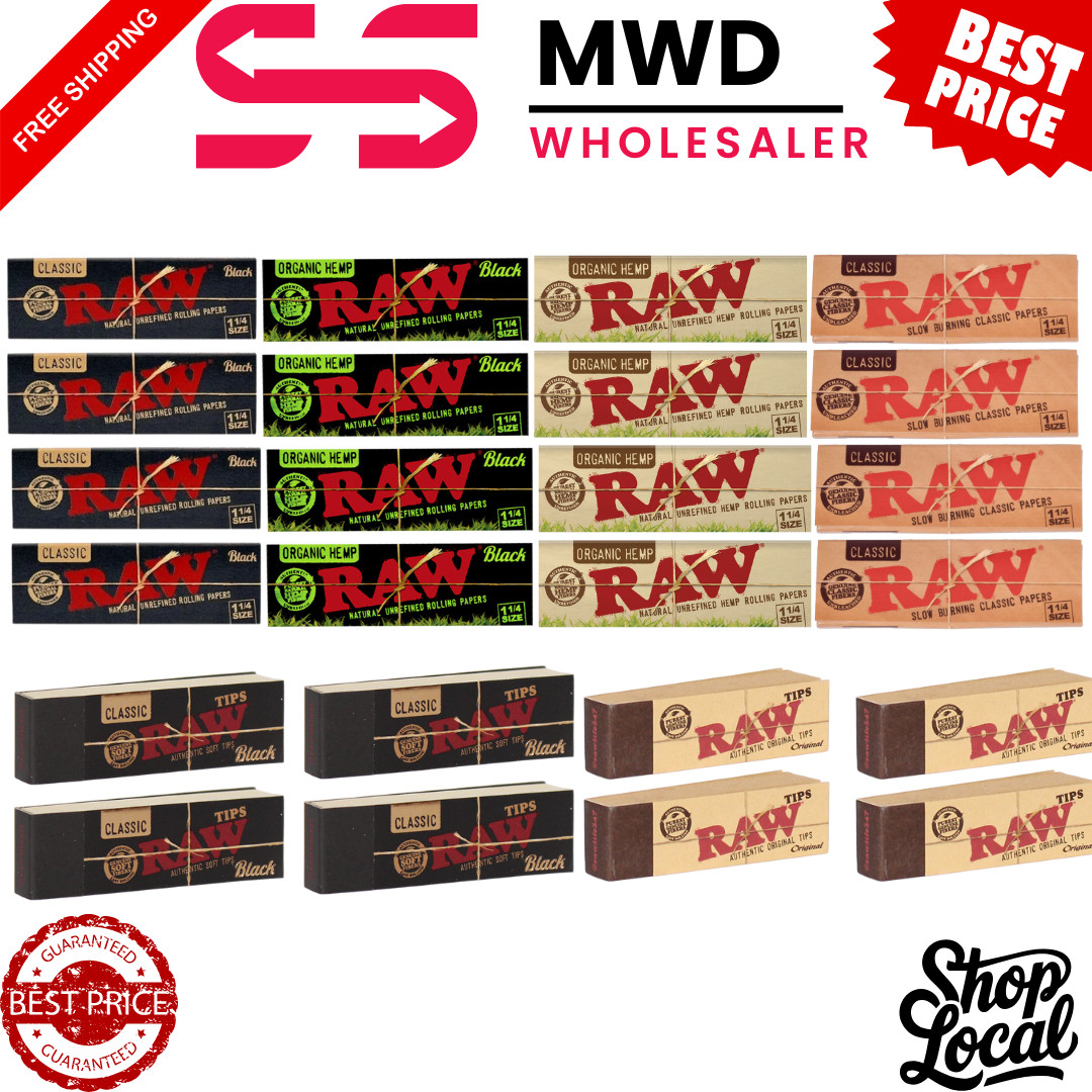 RAW 1 1/4 Rolling Papers Bundle – 4 Varieties + 4 Tips – Classic Organic Black
