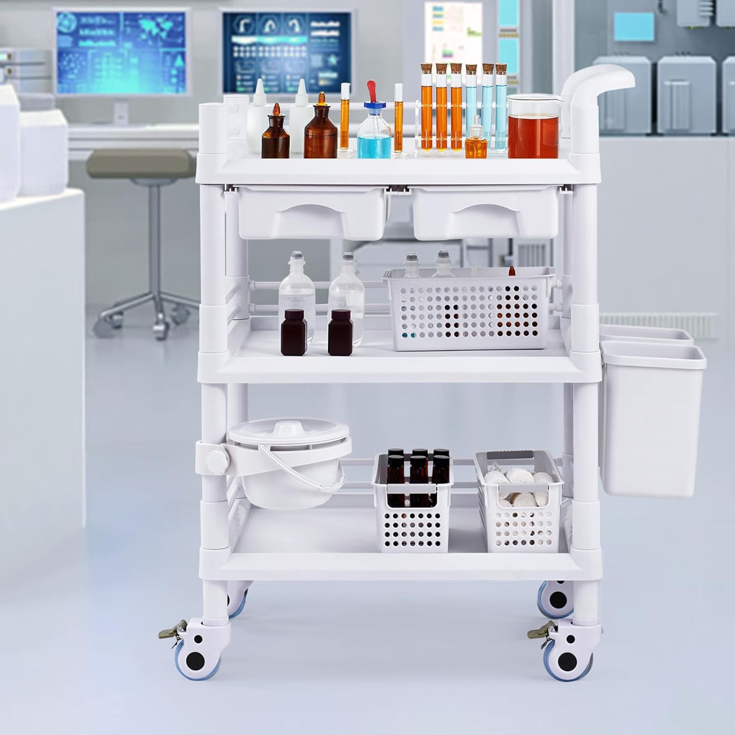 Medical Mobile Trolley Cart with 2 Drawers & 3 Trash Cans, 3 Tiers Beauty Salon