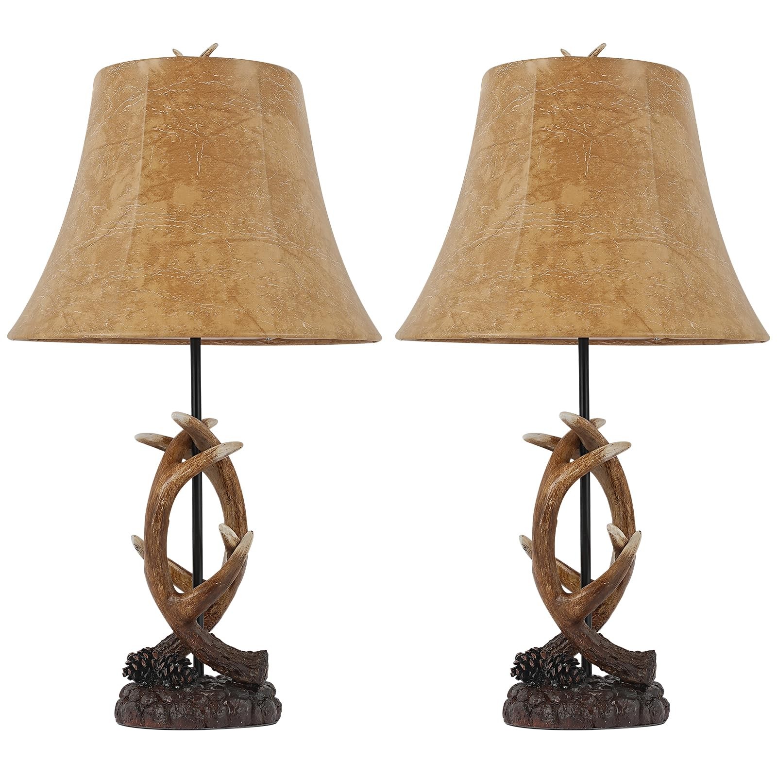 Rustic Farmhouse Table Lamp Set with USB Ports - Western Antler Design Decor