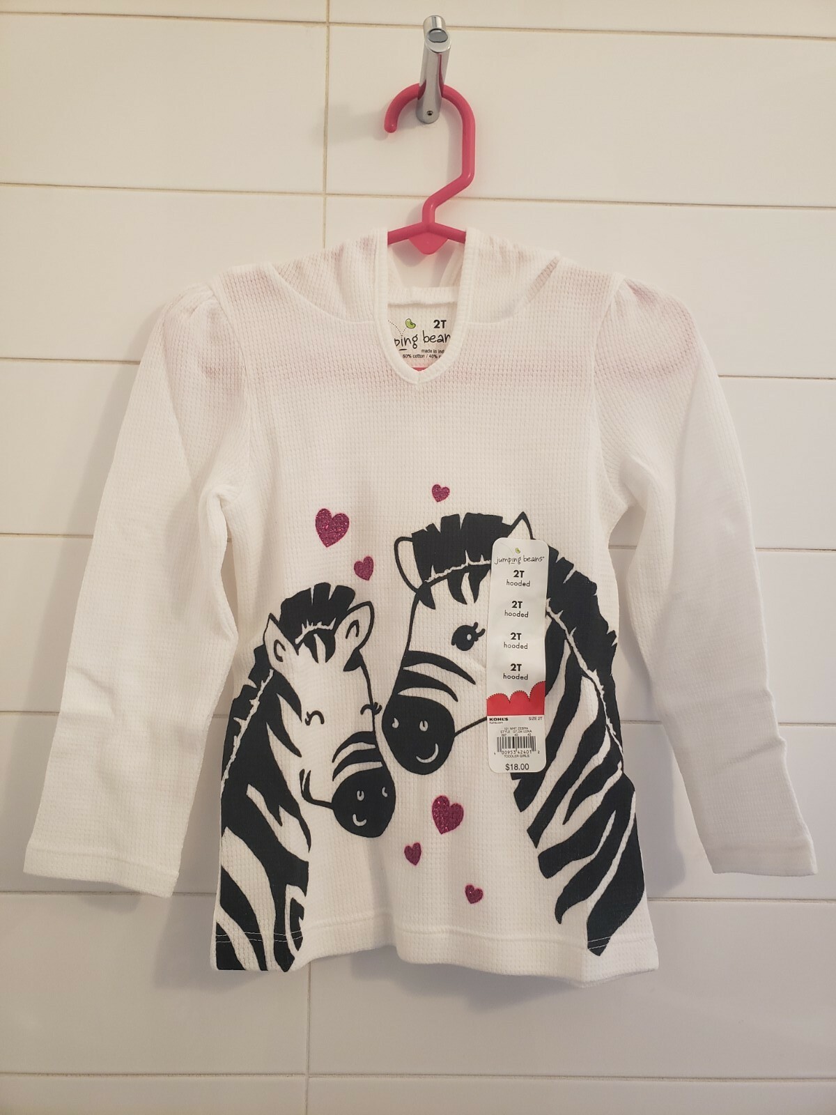 NWT Jumping Beans Girls White Zebra Thermal Hoodie Size 2T