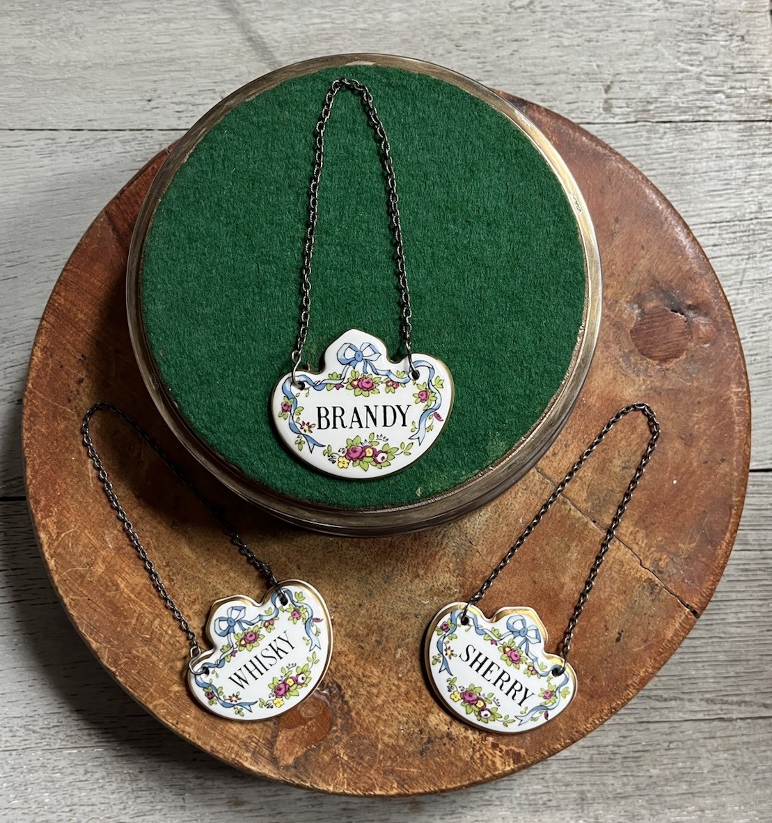 3 Vintage Crown Staffordshire porcelain decanter labels Brandy, Sherry & Whisky