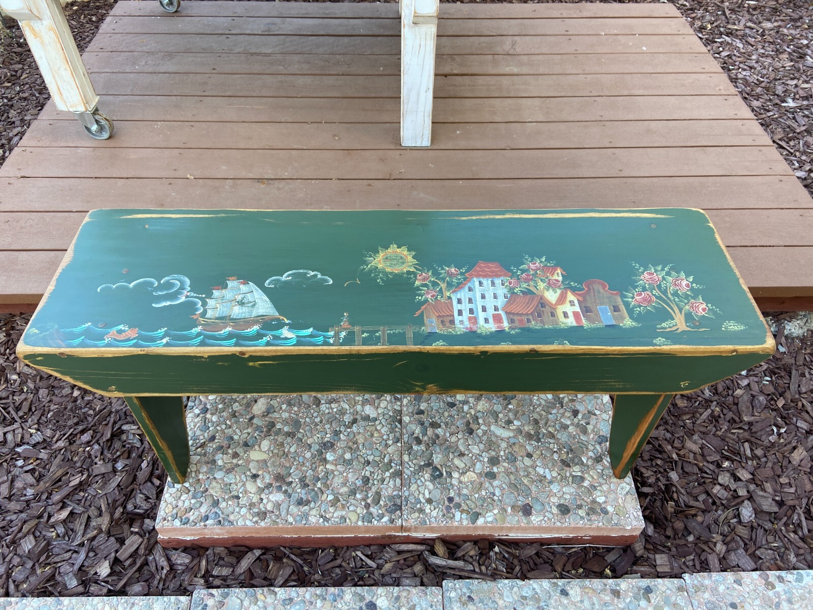 Vintage Handcrafted Scenic Bench w/Handpainted Design