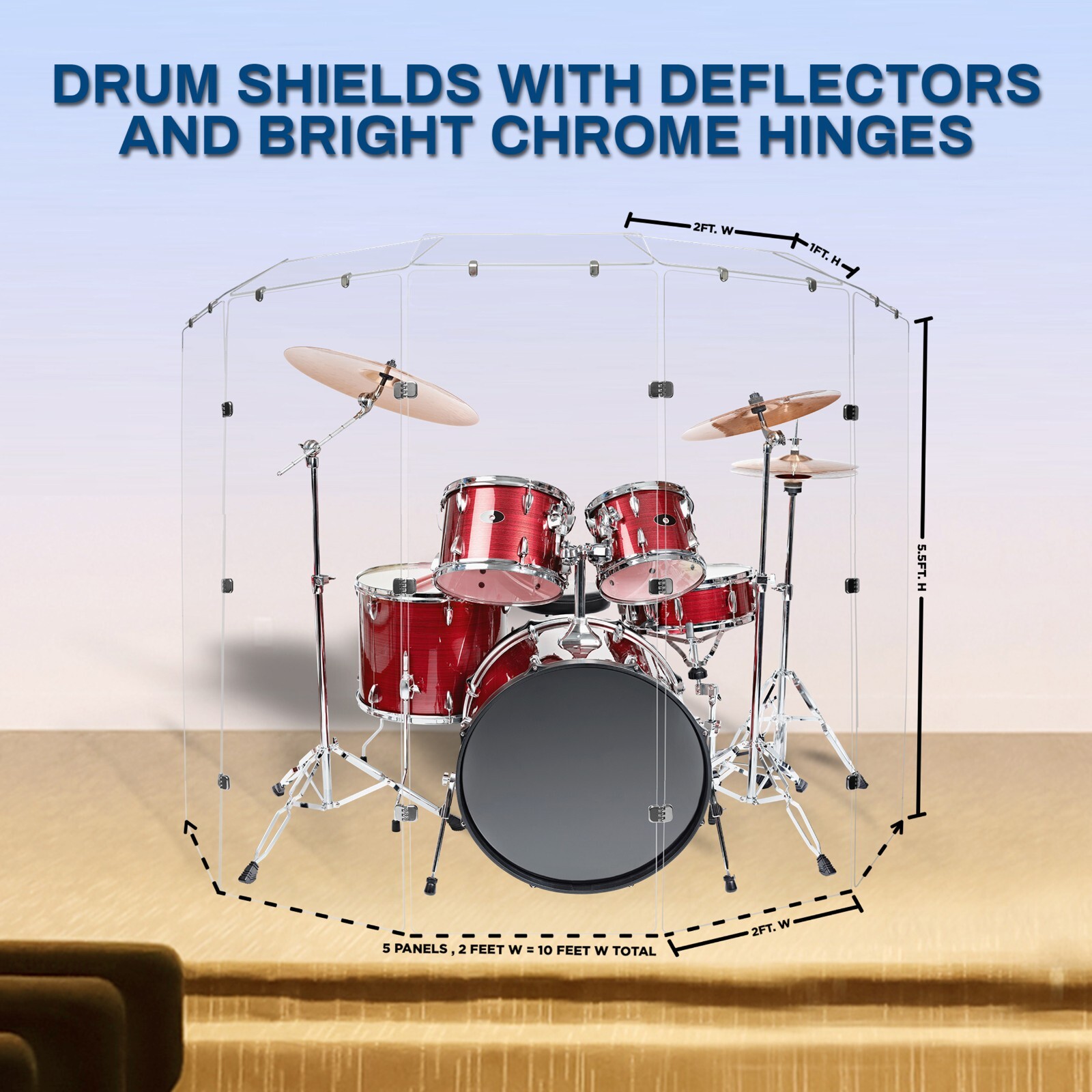 Drum Shield - 2 ft x 5.5 ft Drum Screen 5 Panels w/ Chrome Hinges and Deflectors