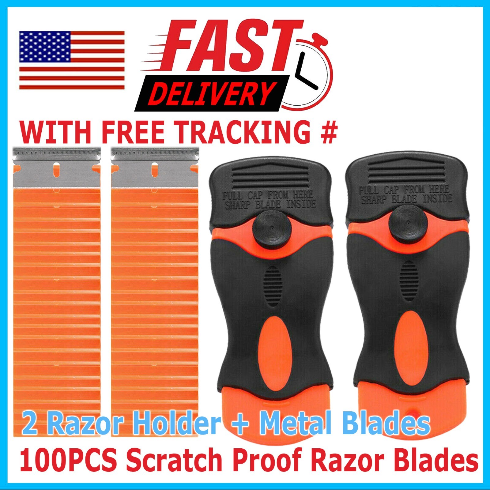 100Pcs Plastic Razor Blades + 2 Razor Scraper Double Edged Sticker Removal Tools