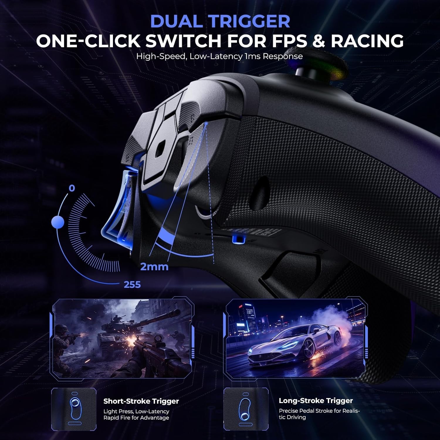 Upgrated PC Gaming Controller TMR Hall Effect Joysticks Anti-Drift & Dual Tri...