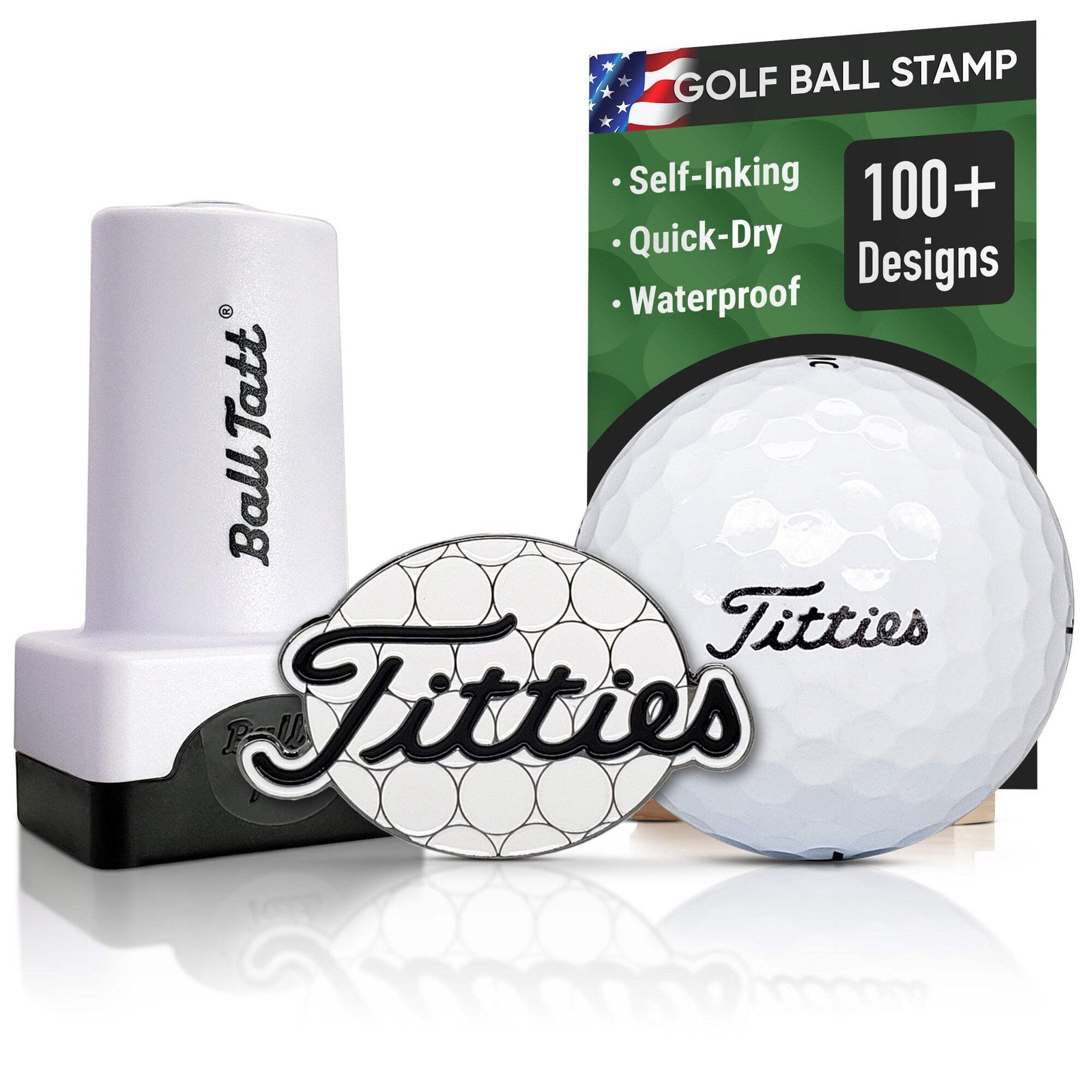 Ball Tatt - Titties Golf Ball Stamp Self-Inking with XL Metal Ball Marker
