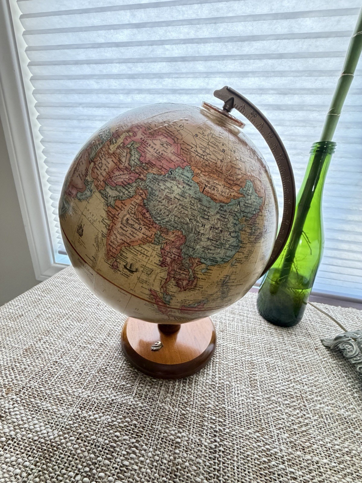 Antique Style Rotating Tabletop World Globe, Wood Base, Brass Semi-Meridian