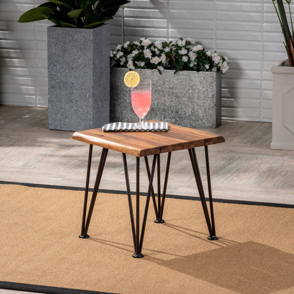 Rustic Acacia Wood Side Table with Iron Legs, Outdoor Patio Backyard