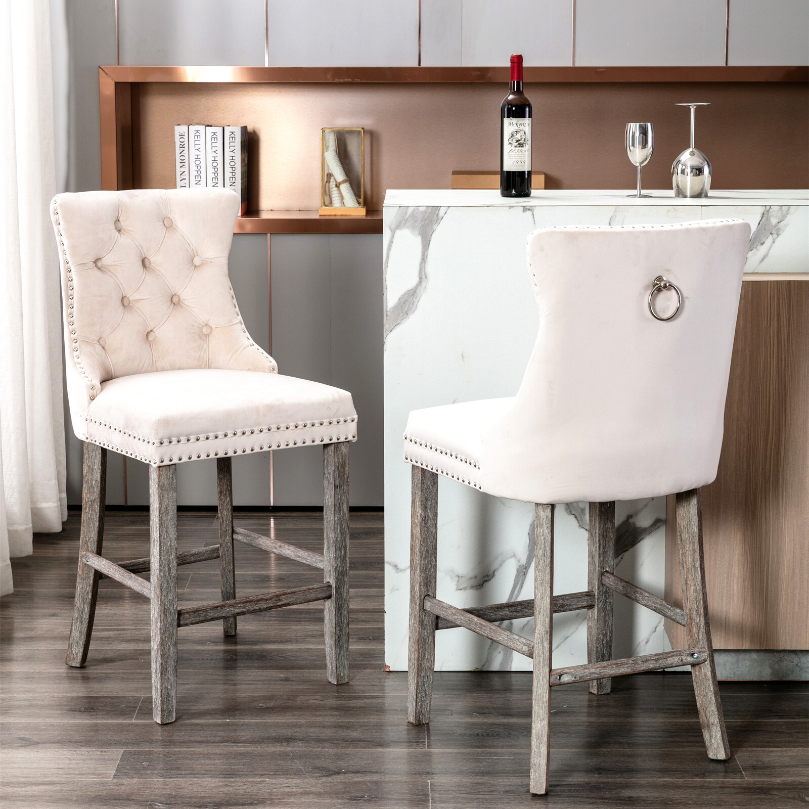 Set of 2 Velvet Upholstered Barstools 27" Counter Height Chairs Wood Legs Beige