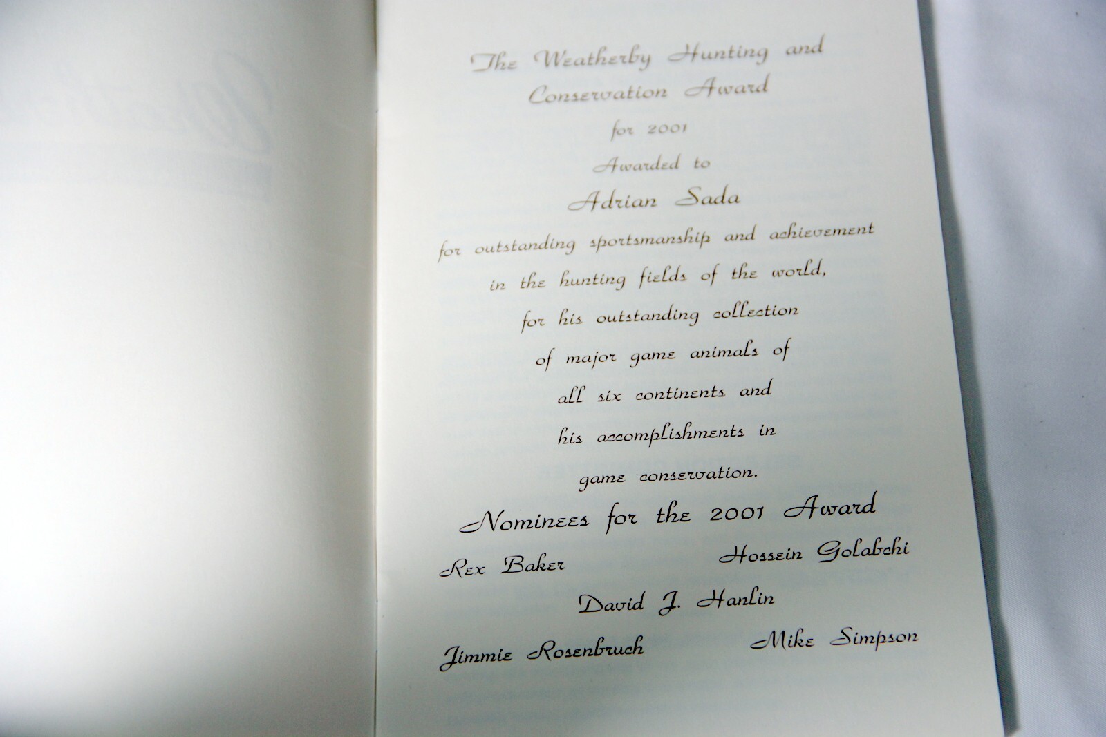 Weatherby Hunting & Conservation Awards Ceremony Program & Menu 2002
