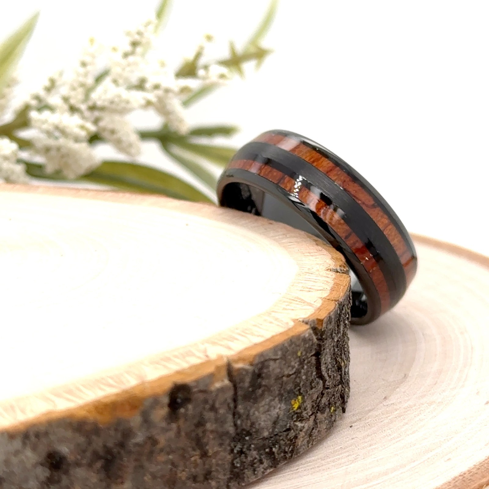 8mm Black Tungsten Engagement Ring Wood Inlay Durable Christmas Gifts Her Band