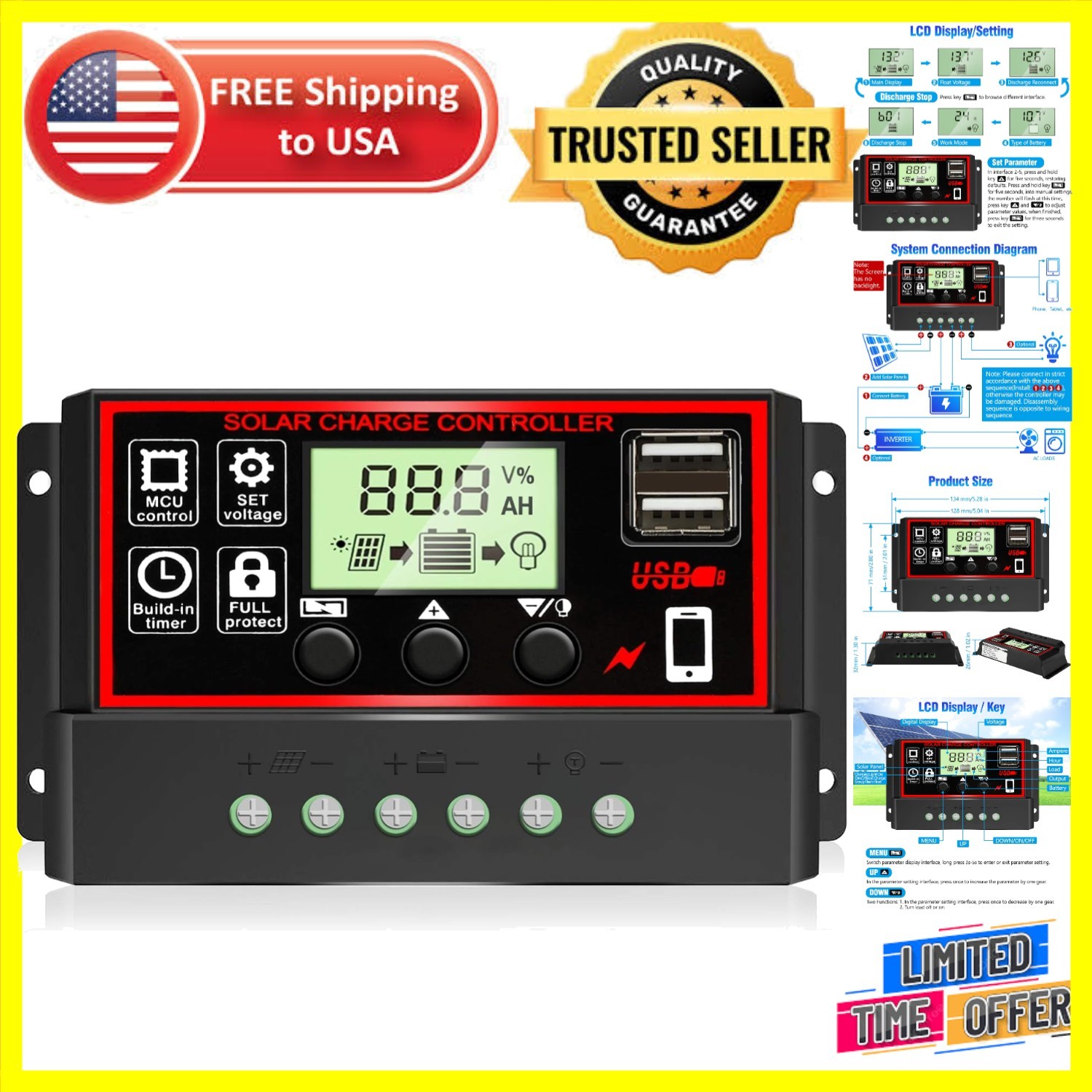 30A PWM Solar Charge Controller with Dual USB & LCD Display for 12V/24V Systems