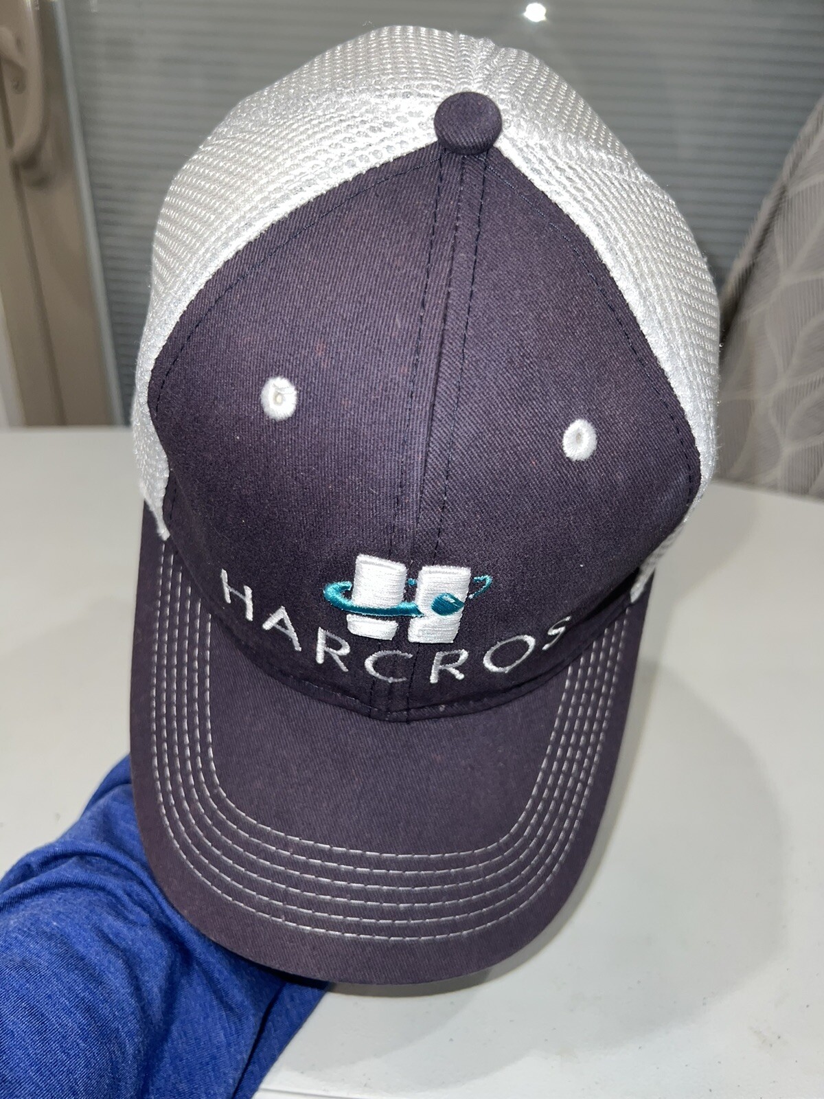 Harcros w Teal Logo Embroidered Dark Gray/White Mesh Trucker Hat Cap Hook Loop