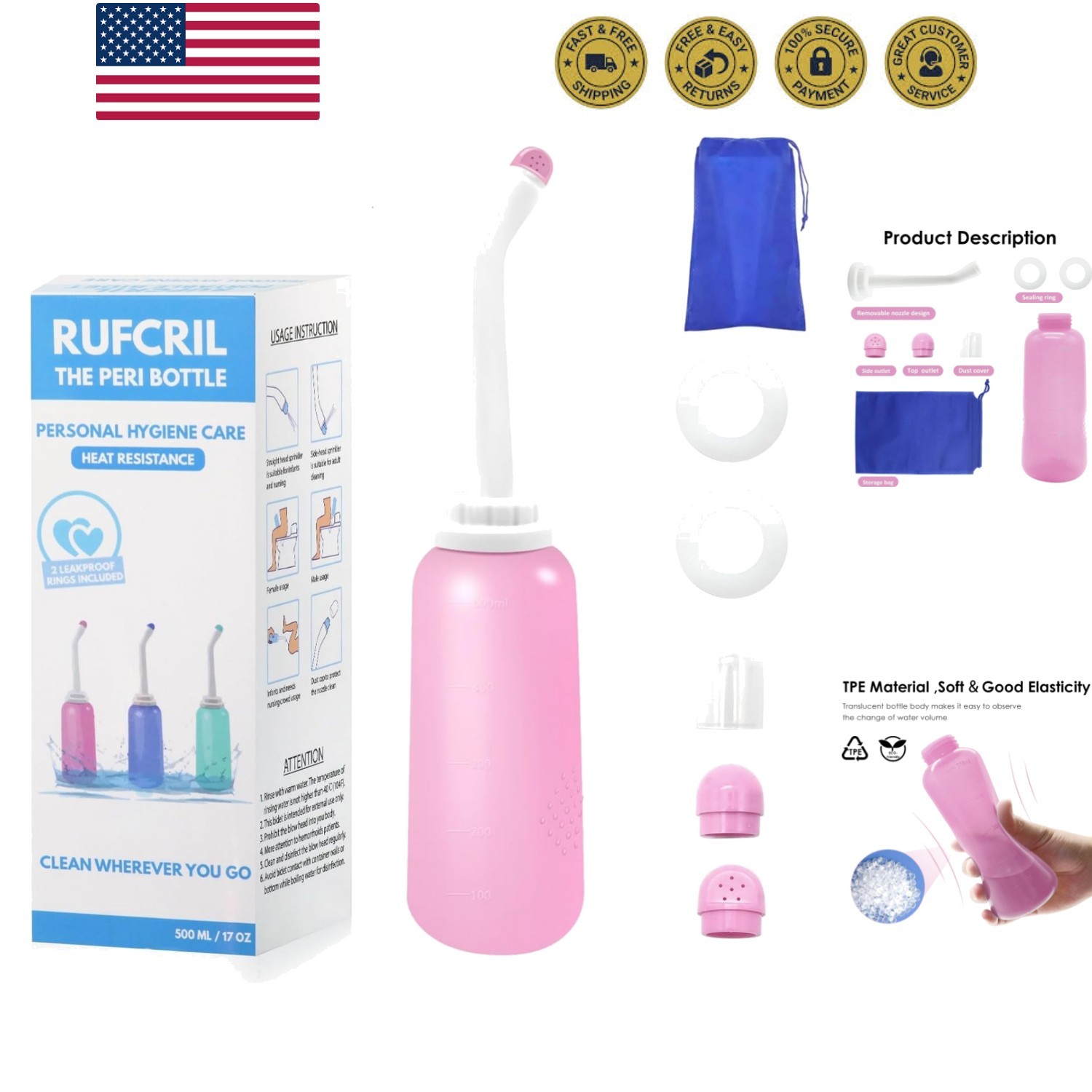 Peri Bottle, Portable Travel Bidet with Bag, TPE Material Can Be Boiled, 17oz...