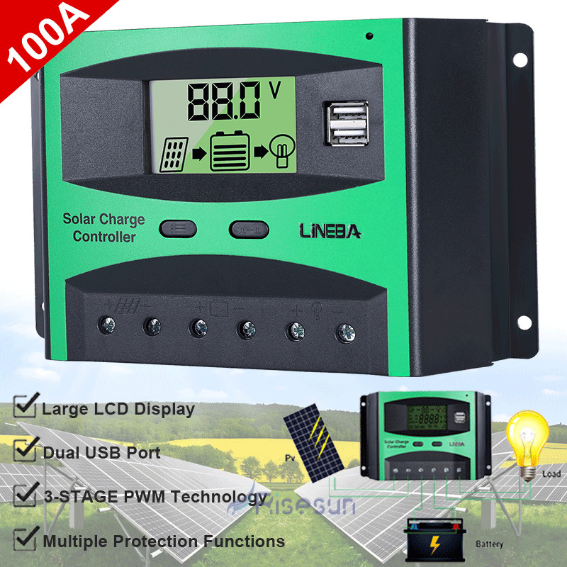 100A Solar Charge Controller 12V/24V/48V LCD Panel Battery Regulator Auto 2USB