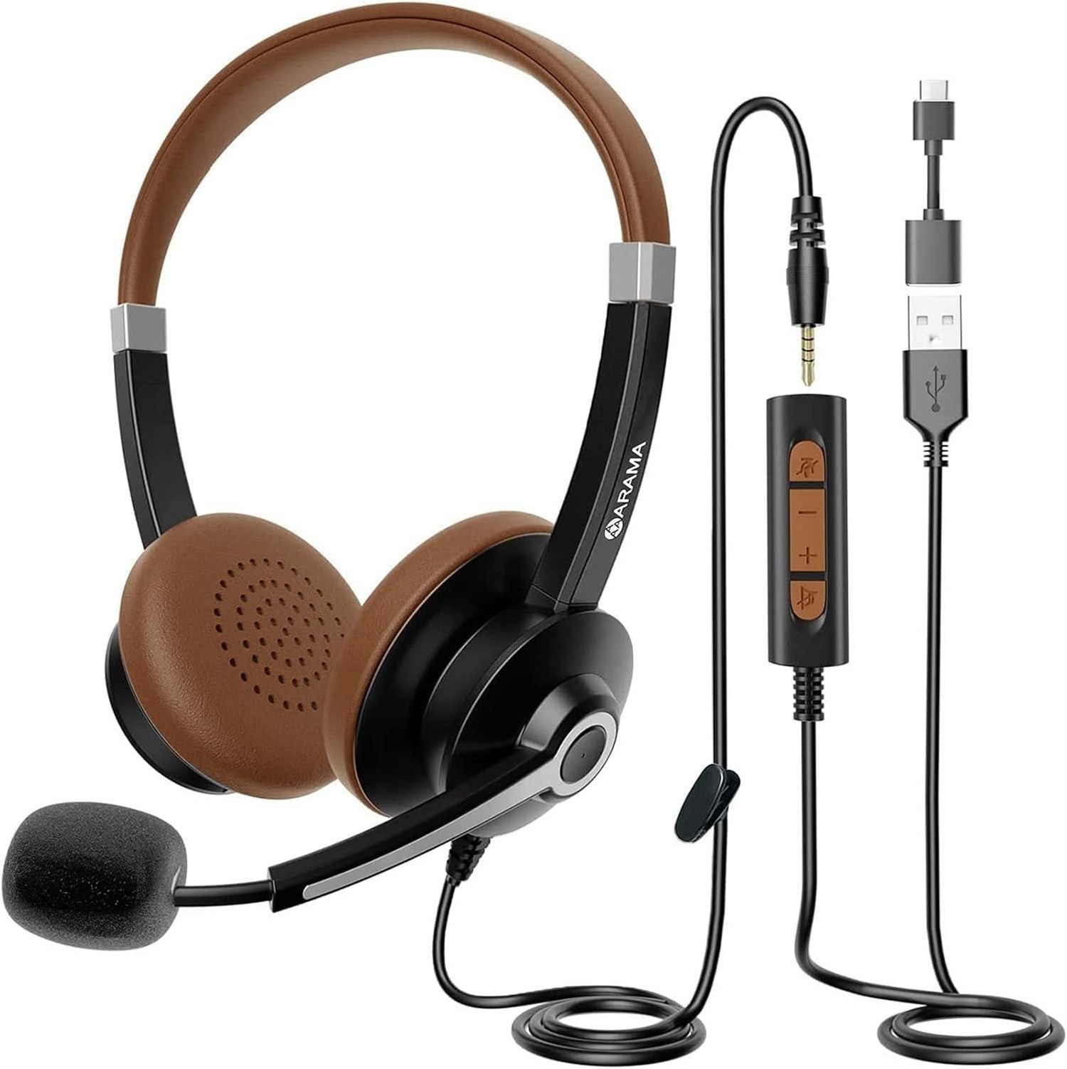 Arama USB Headset with Microphone Noise Cancelling & in-line Call Controls, U...