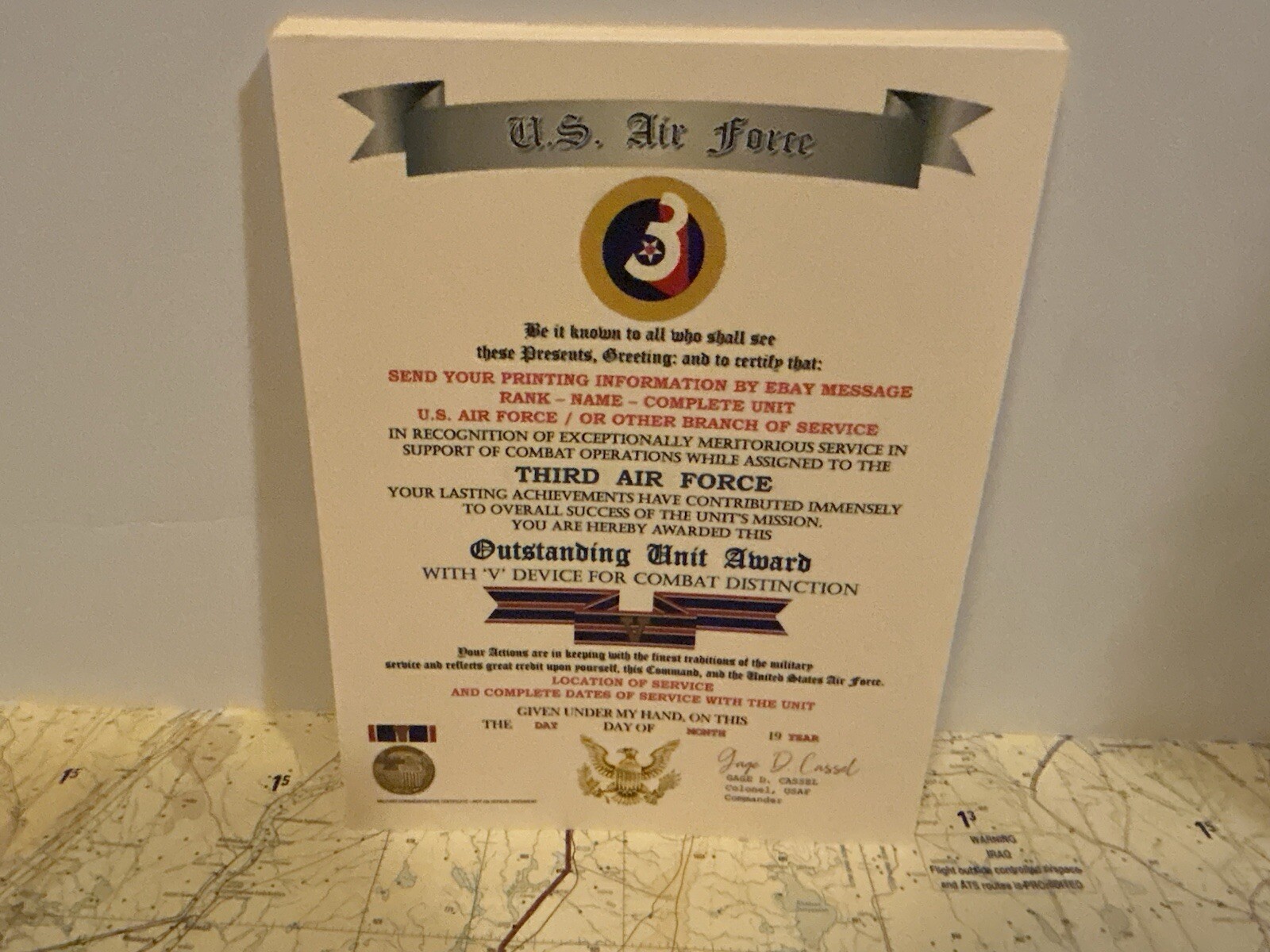 U.S. AIR FORCE / 3RD AIR FORCE - OUTSTANDING UNIT AWARD W/V DEVICE CERTIFICATE