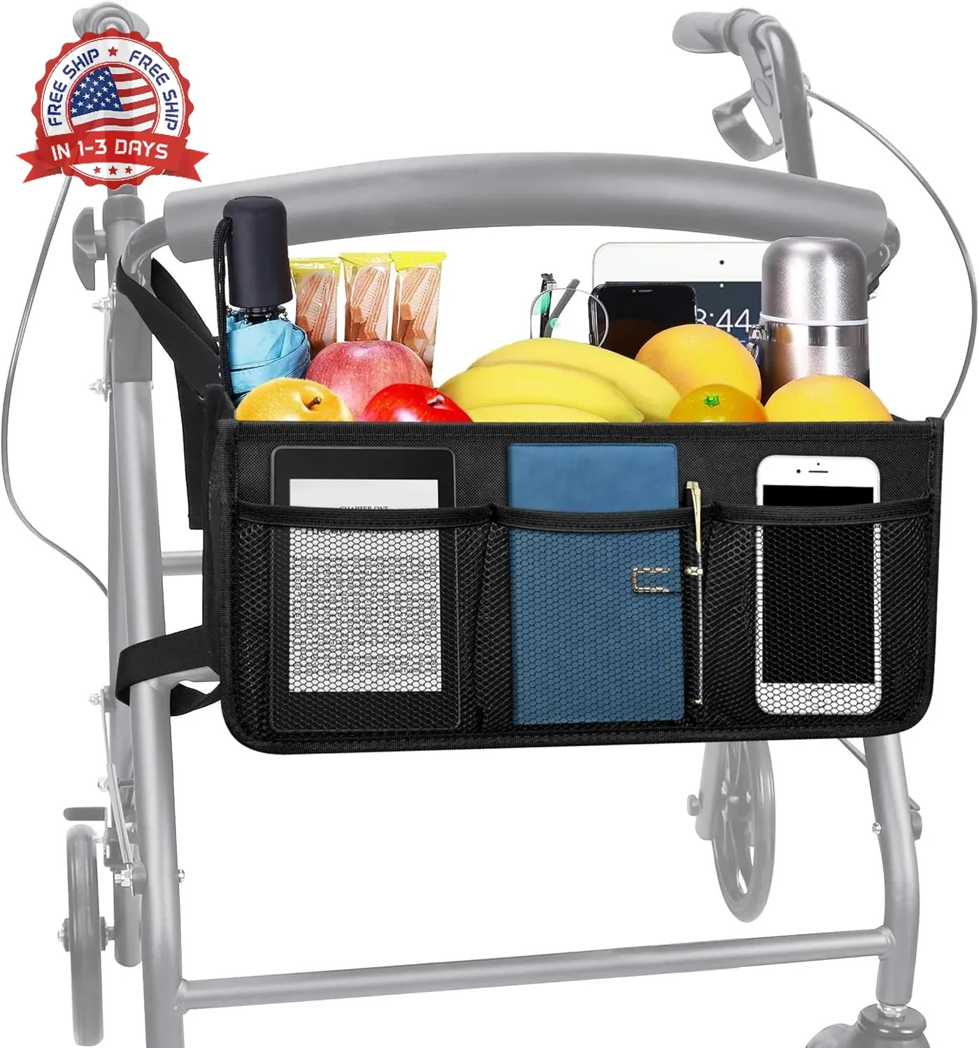 Rollator Basket, Rollator Walker Bag with Cup Holder, Folding Rollator Wa