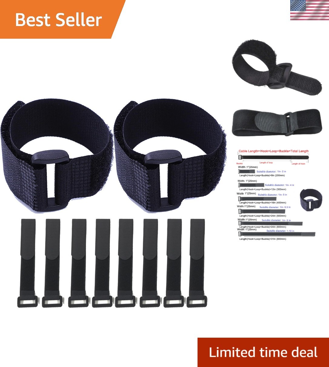 HUAPX Fastening Hook and Loop Cable Straps,10Pack Black 1" x 16",