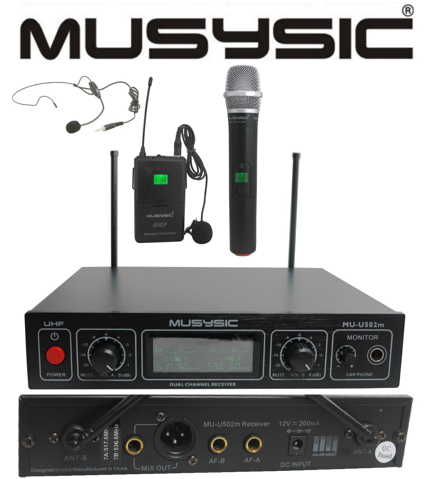 MUSYSIC MU-U502M-HL UHF 2-Channel Wireless Mic System Handheld + Lavalier 100m