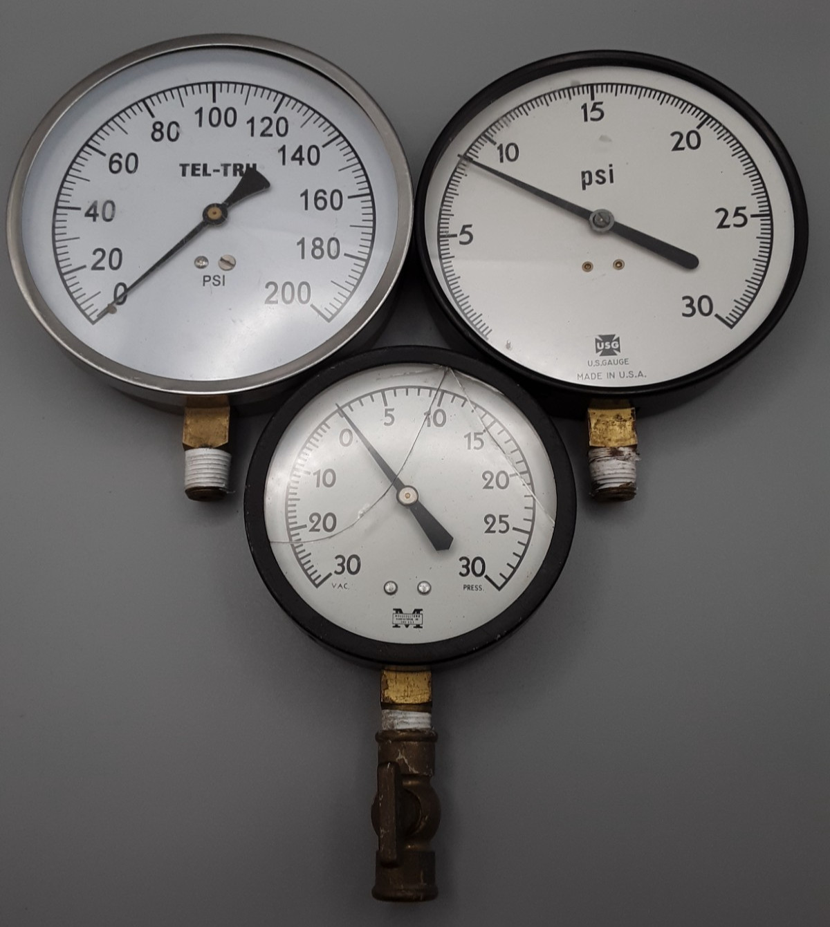 3 vintage Marsh, TEL-TRU, USG pressure gauges 5" & 3 1/2" STEAMPUNK