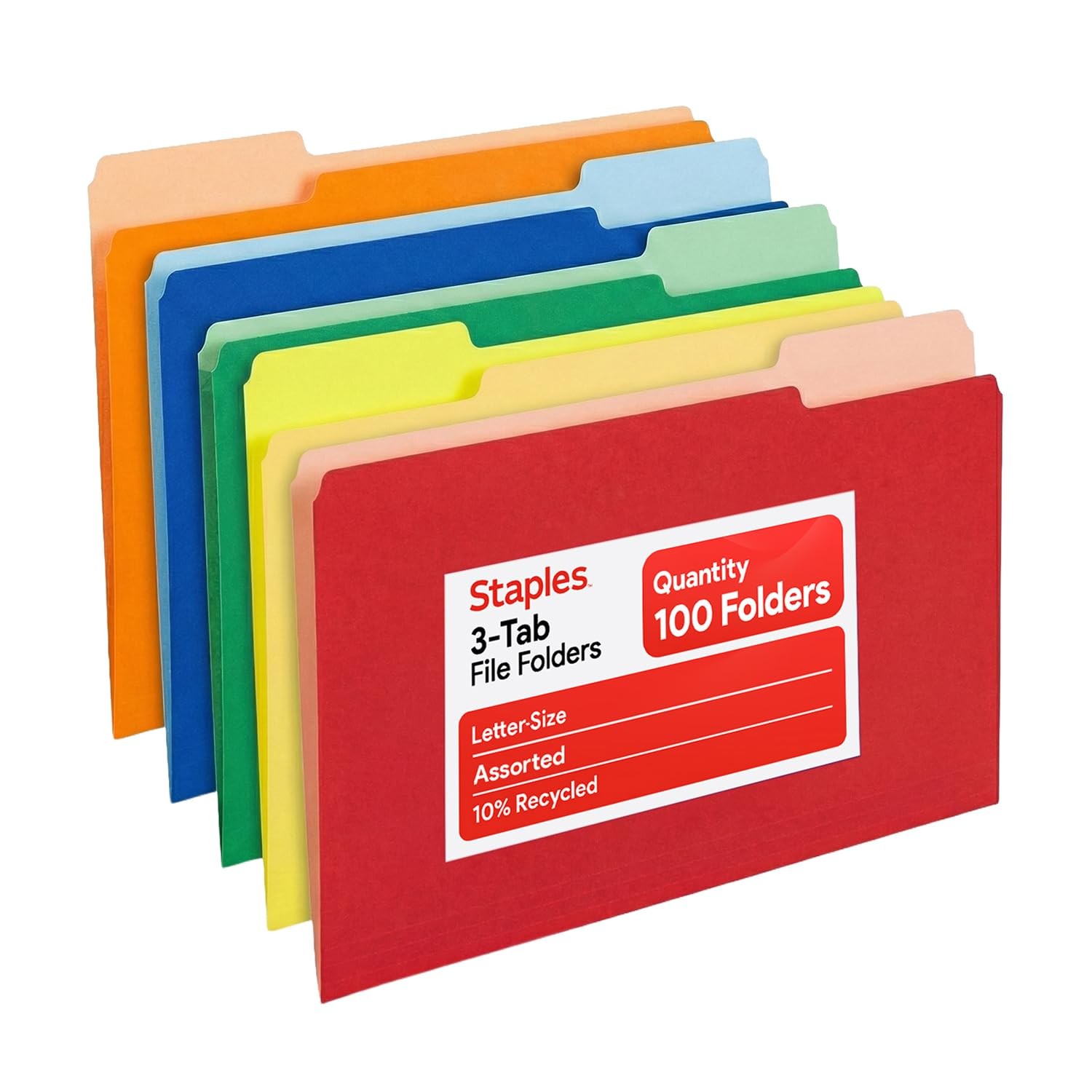 Staples TRU RED File Folders 1/3 Cut Tab Assorted Position Letter Size 100 Pack