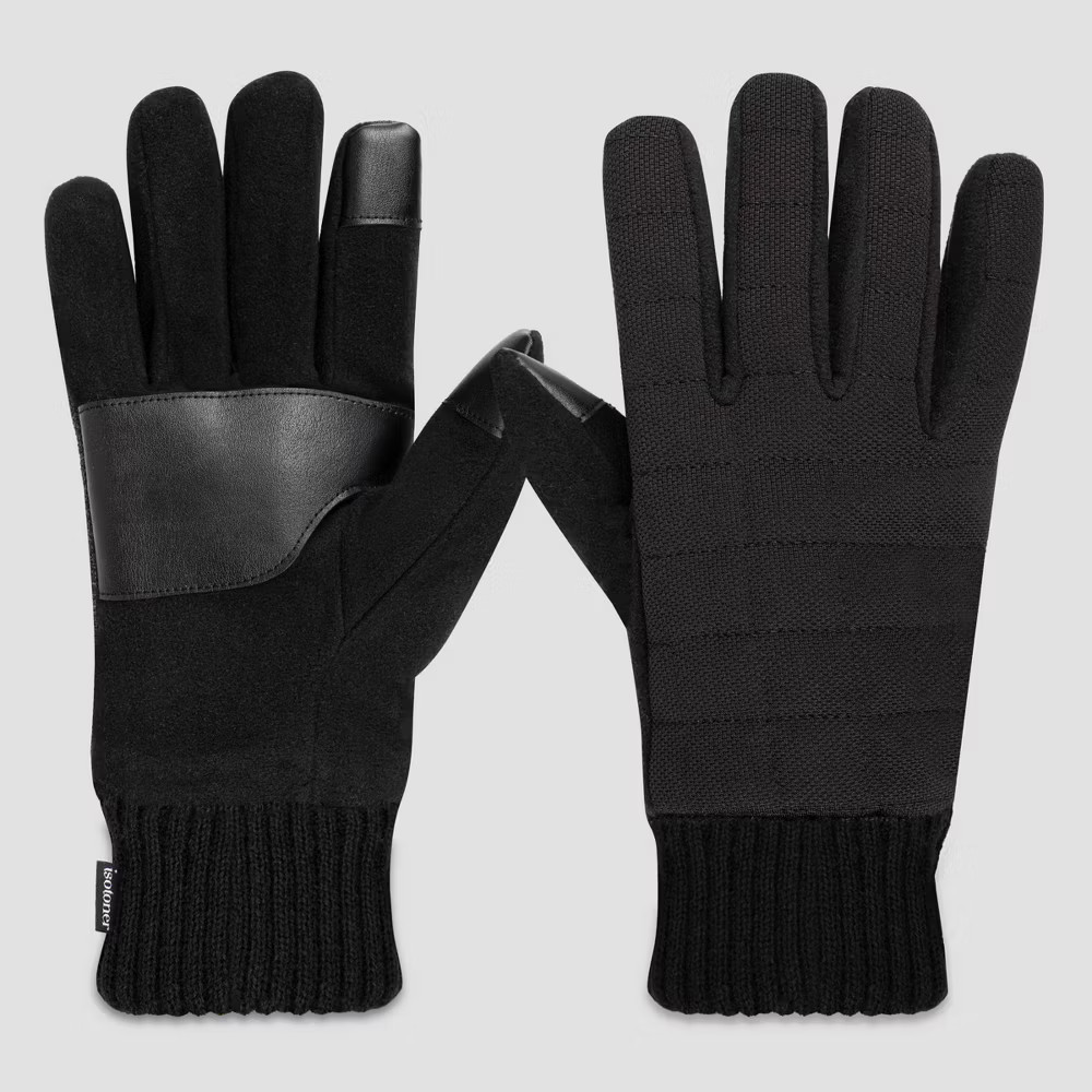 Isotoner Men's Quilted Stretched Knitted Gloves - Black XL