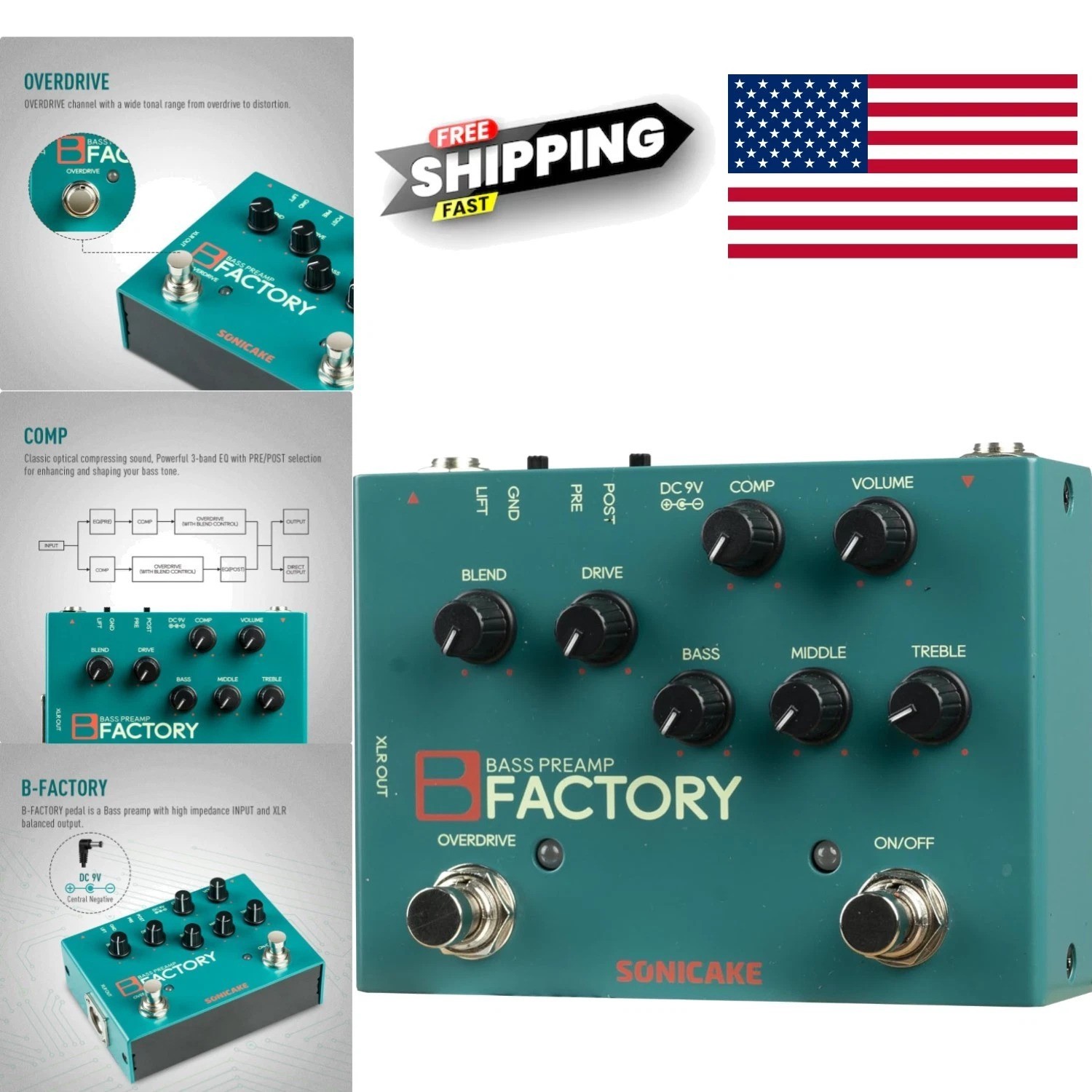 Professional Bass Effects Pedal with Buffer Bypass Circuit and XLR Output