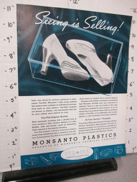 magazine ad 1939 MONSANTO PLASTICS Vue Pak product window box women's shoe