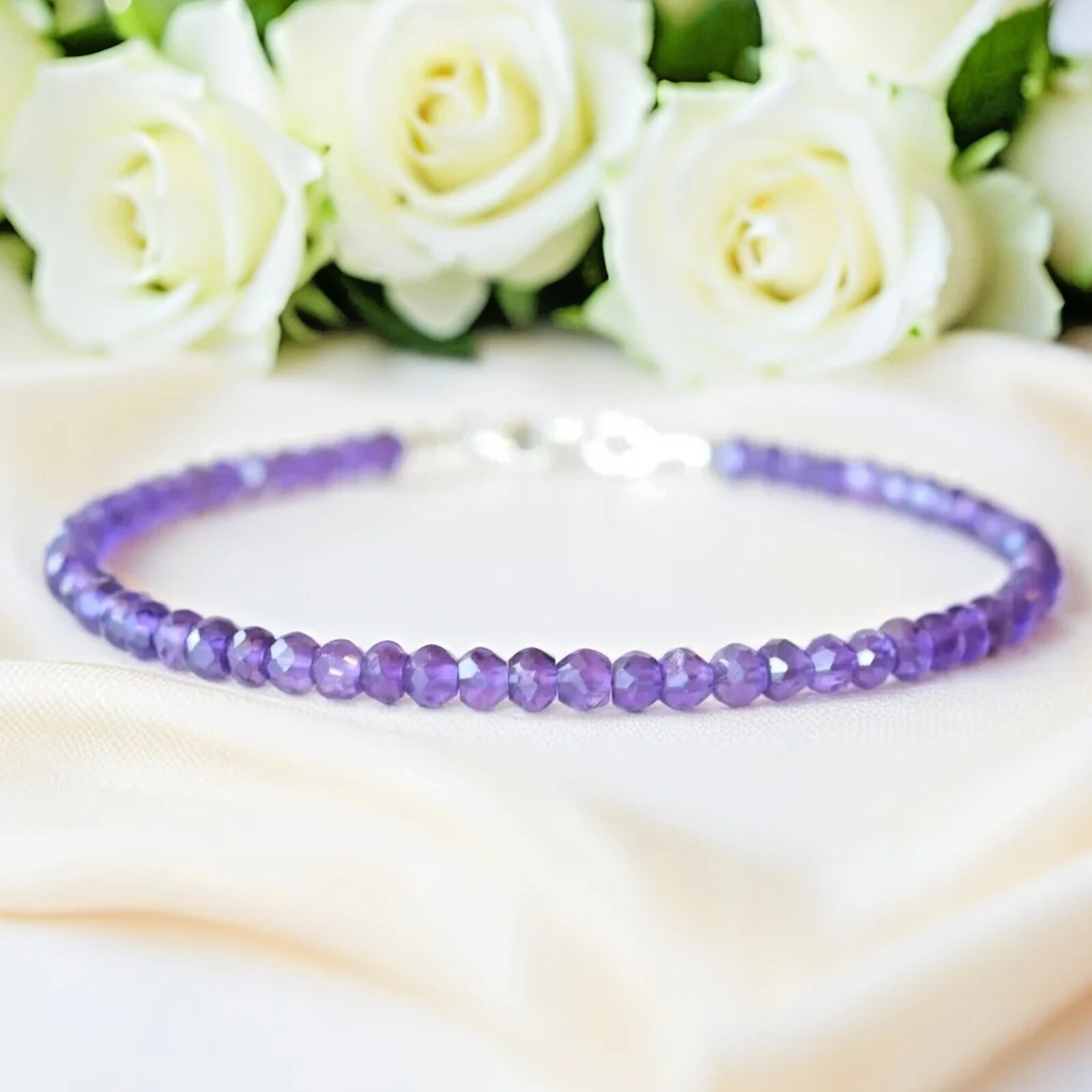 Natural Amethyst 3mm Dainty Beads Healing Calming Dainty Women Crystal Bracelet