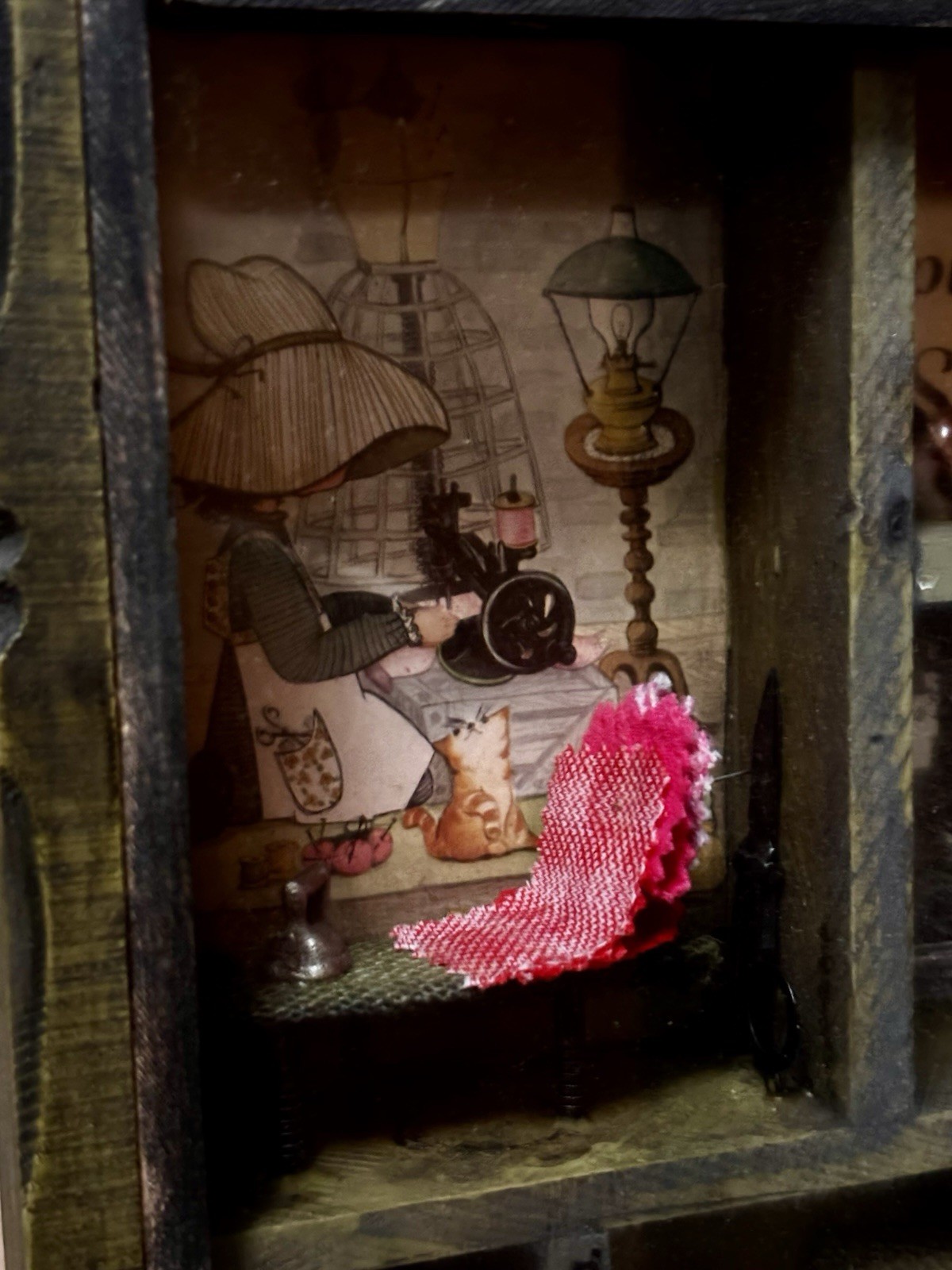 VTG Wooden Capistrano Shadow Box-Swallows Cat Dog Iron Holly Hobbie Rx Dice Bell