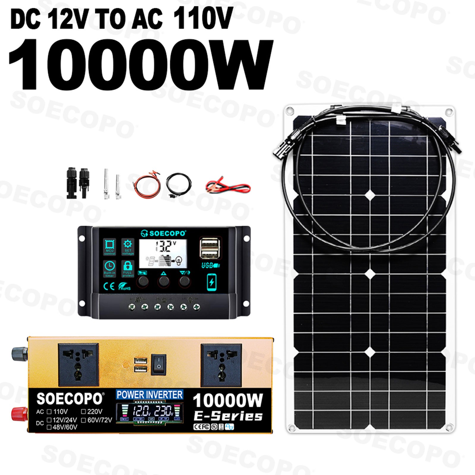 SOECOPO 10000W Solar System Kit,100A Controller, 12V DC to 110V/220V