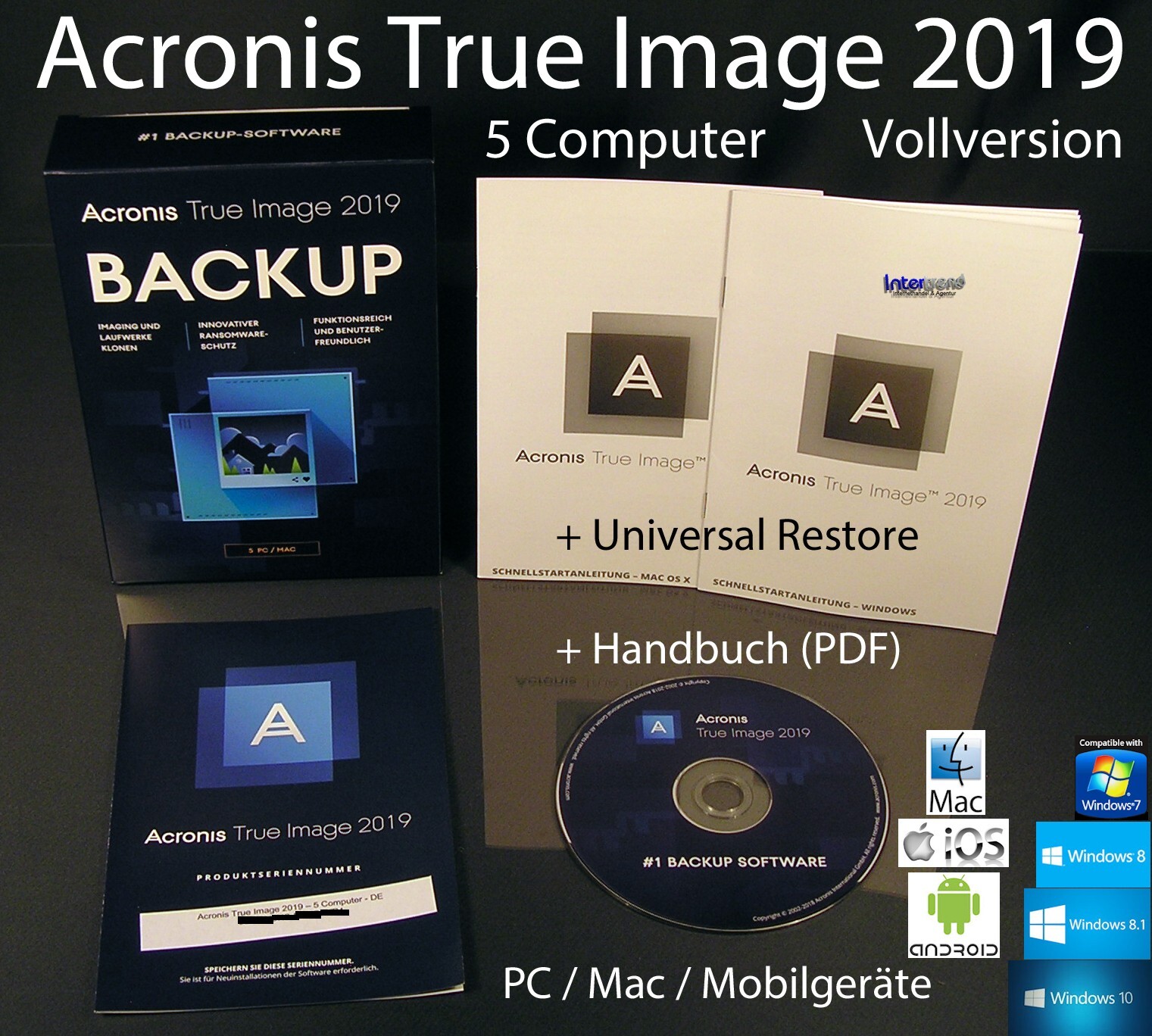 Acronis True Image 2019 Full Version 5 PC/Mac Box, CD + Universal Restore Original Packaging NEW