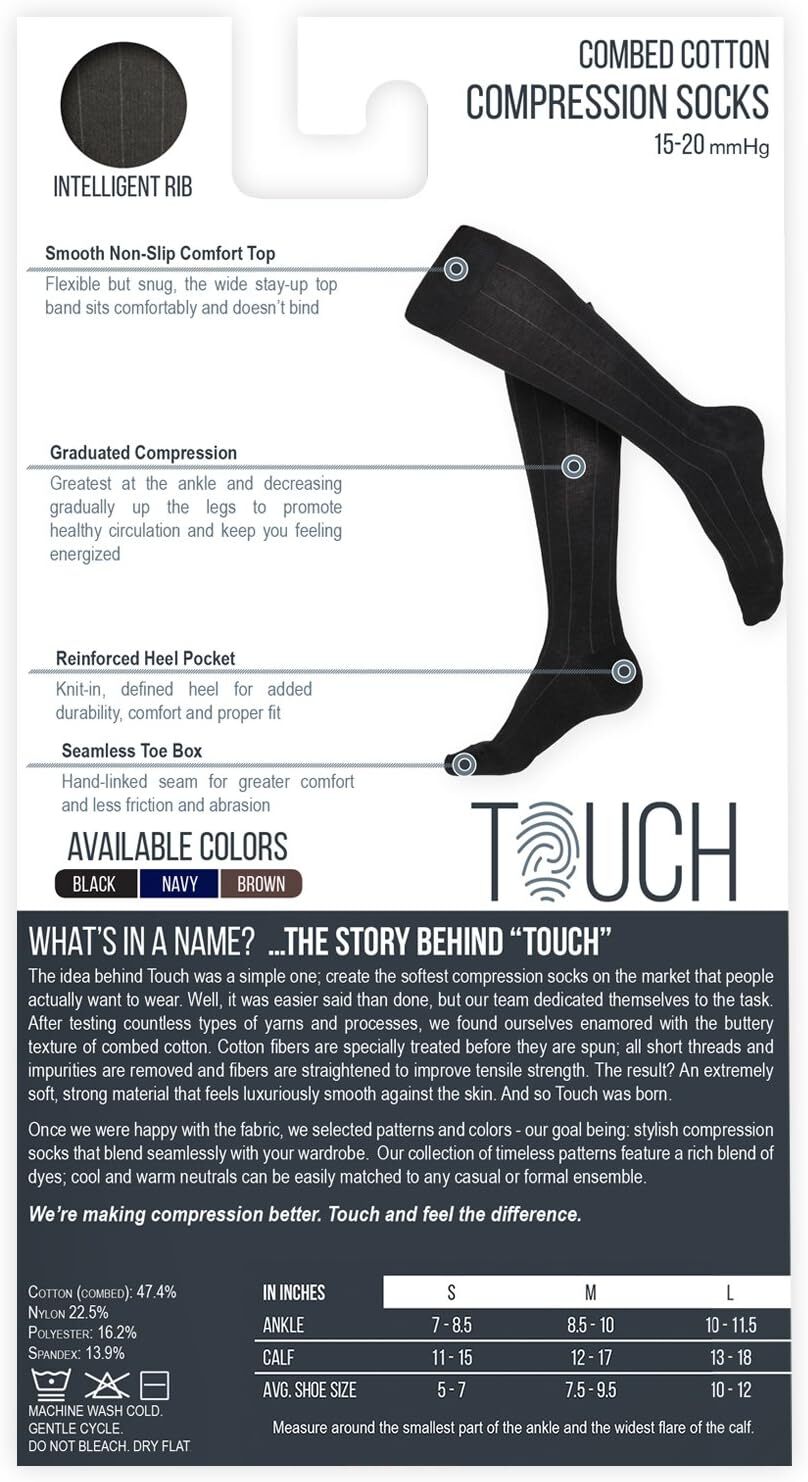 TOUCH Combed Cotton Ribbed Knee High Compression Socks 15-20mmHg (Black) Small